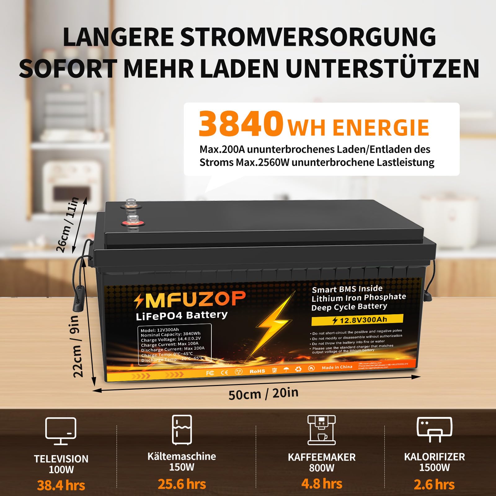 Batterie Lifepo4 12V 300Ah, Batteria al litio BMS 200A incorporato, Max 2560W, 4000-15000 Deep Cycle Batteria Litio 12V, Supporto di potenza in serie/parallelo, perfetto solare, RV (12V300AH-4Pcs)