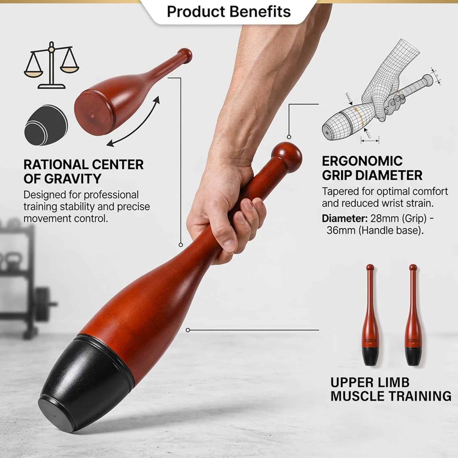 Indian Clubs, Wooden Macebell with Ergonomic Handle for Home Gym, Weighted Workout Bar for Grip & Upper Body Exercise Macebell Weighted Workout Bar