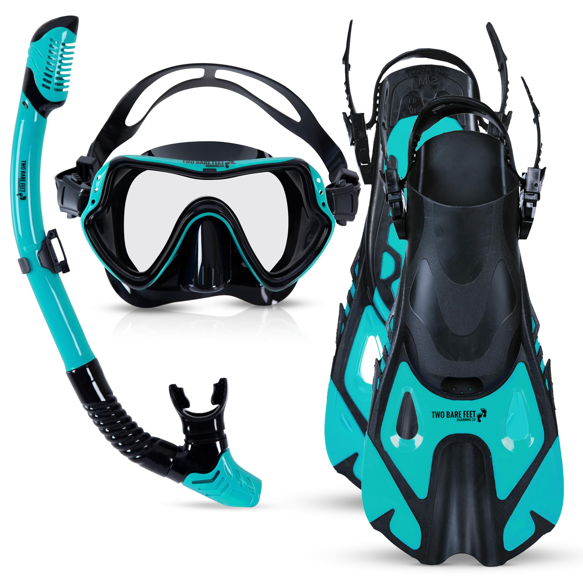 Two Bare Feet Adults 3 Piece Silicone Mask, Snorkel and Fins Diving Set, Anti Fog Anti Leak Snorkelling Set - Style 3 (Teal, (M1001S+S11S+F01), (S/M), UK4.5-8.5)