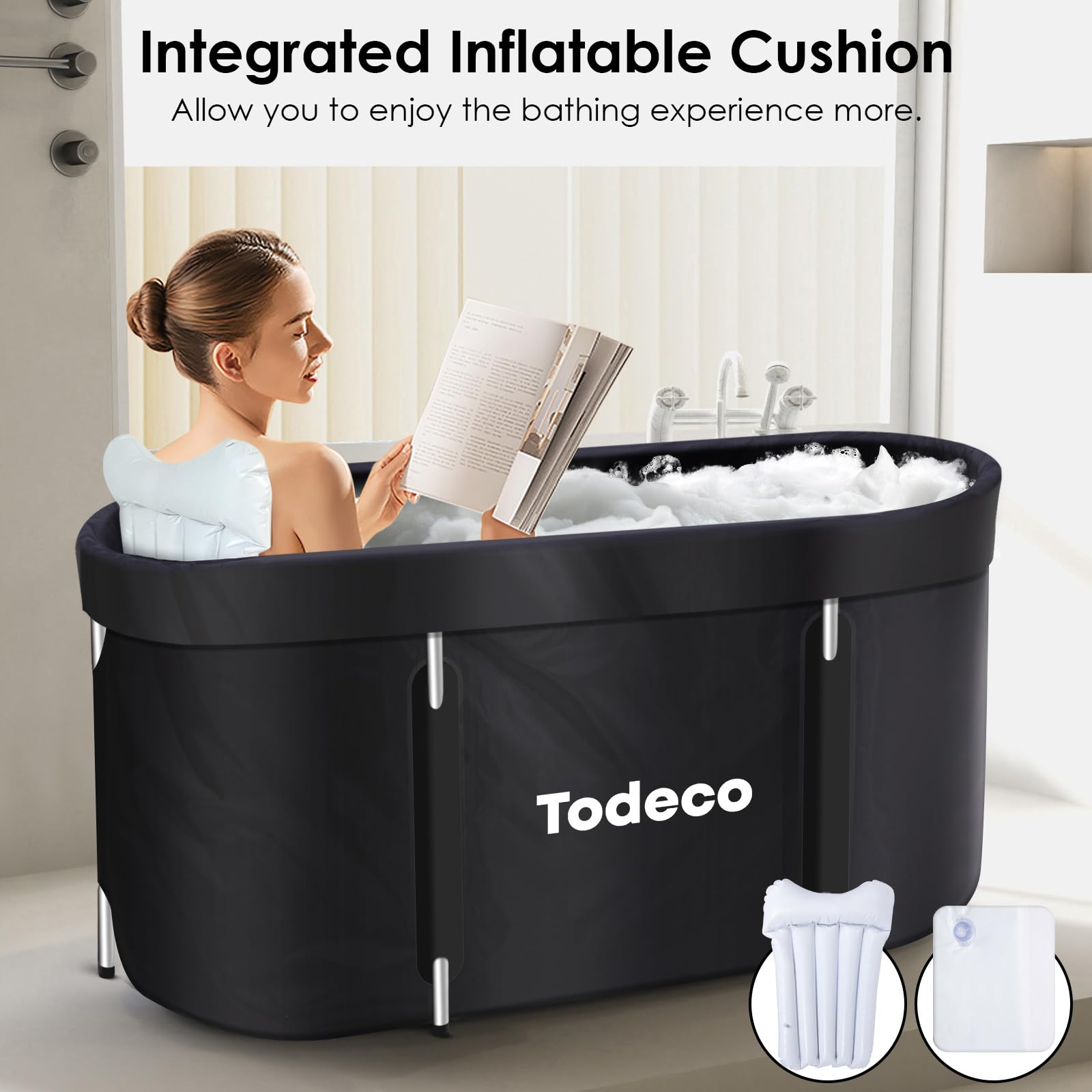 Todeco - Bañera plegable para adultos, grande para spa portátil móvil, para ducha, bañera de hidromasaje, plegable, para baño pequeño, 120 x 55 x 50 cm, color negro