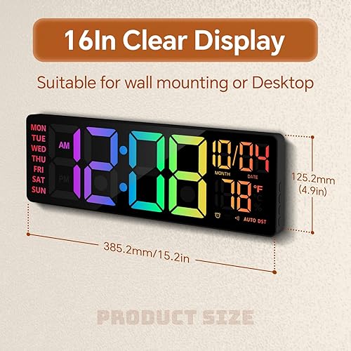Miniatura 2 de Reloj de pared digital de 16 pulgadas con luz nocturna, reloj digital con control remoto de cambio de colores RGB, alarma doble, atenuador, DST