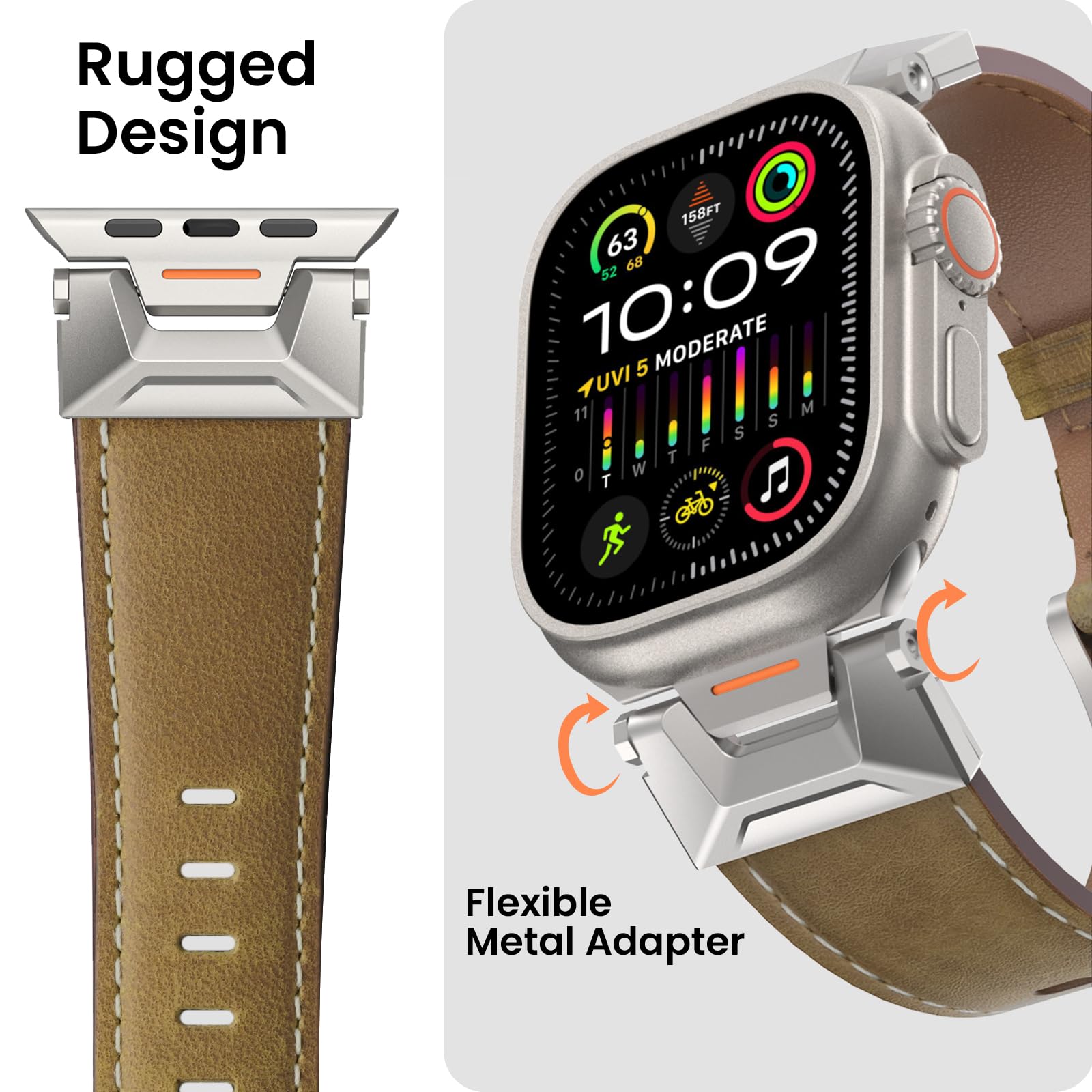 Bouixel Genuine Leather Strap Compatible for Apple Watch Ultra 3 Straps 49mm 46mm 45mm 44mm 42mm,Men Rugged Band with Metal Connector for iWatch Ultra Series 11 10 9 8 7 6 5 4 3 2 1 SE - Image 3