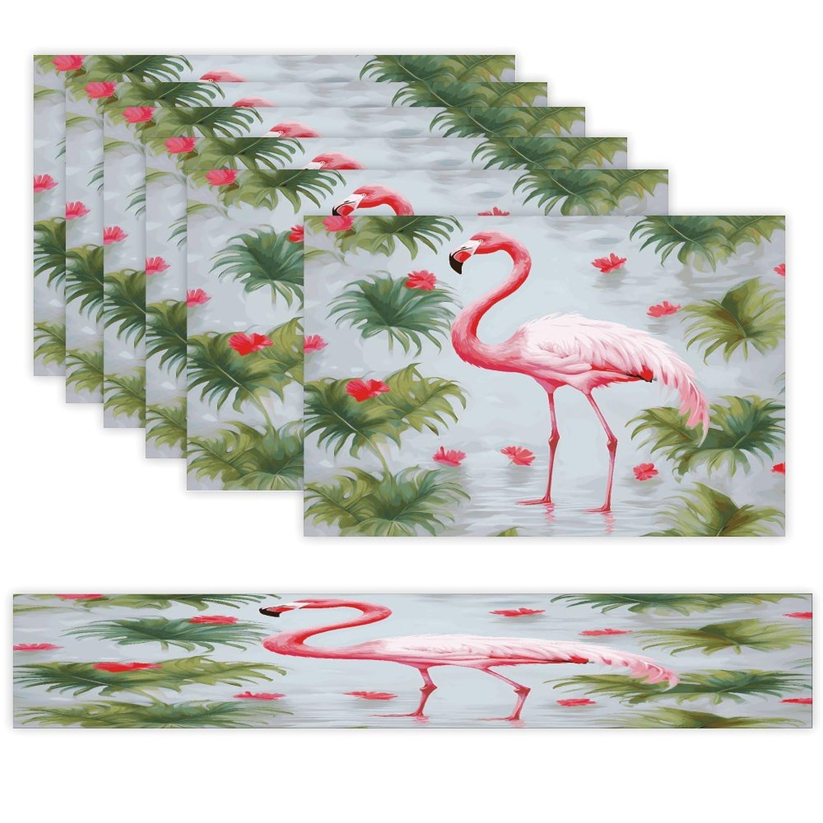 White Flamingo Table Runner and Placemats Set of 6 Wipe Clean Heat Resistant Table Mat with Table Runner Decorations Flax Linen Place Mat Set for Home Kitchen Party Supplies