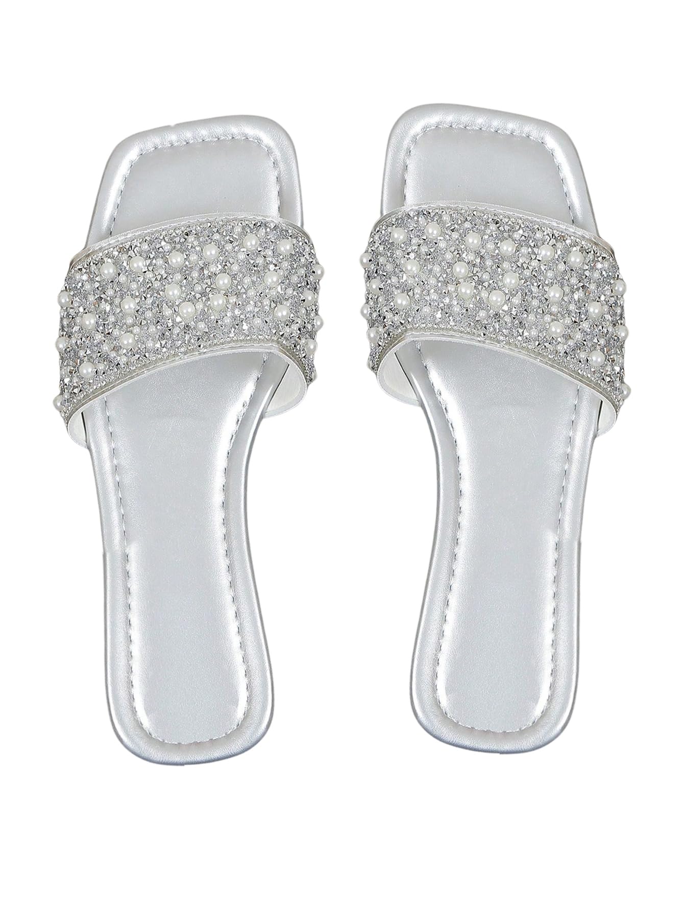 GORGLITTER Women's Pearl Gold Sandals Rhinestone Boho Dressy Wedding Cute Square Open Toe Slides Shoes 2025