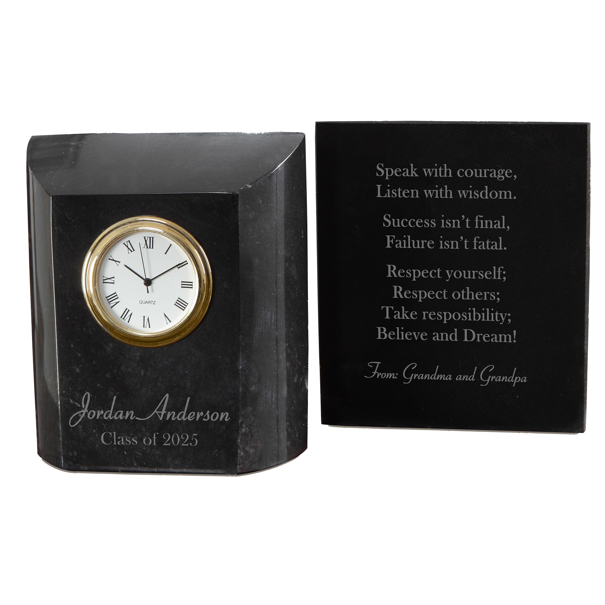 Personalization Universe Secrets of Success Graduation Plaque - Engraved Marble Desk Clock for Him/Her - 3x1.25x3.5 Inches - Elegant 2025 Graduation Gift, Personalized Name & Year, Quartz Movement