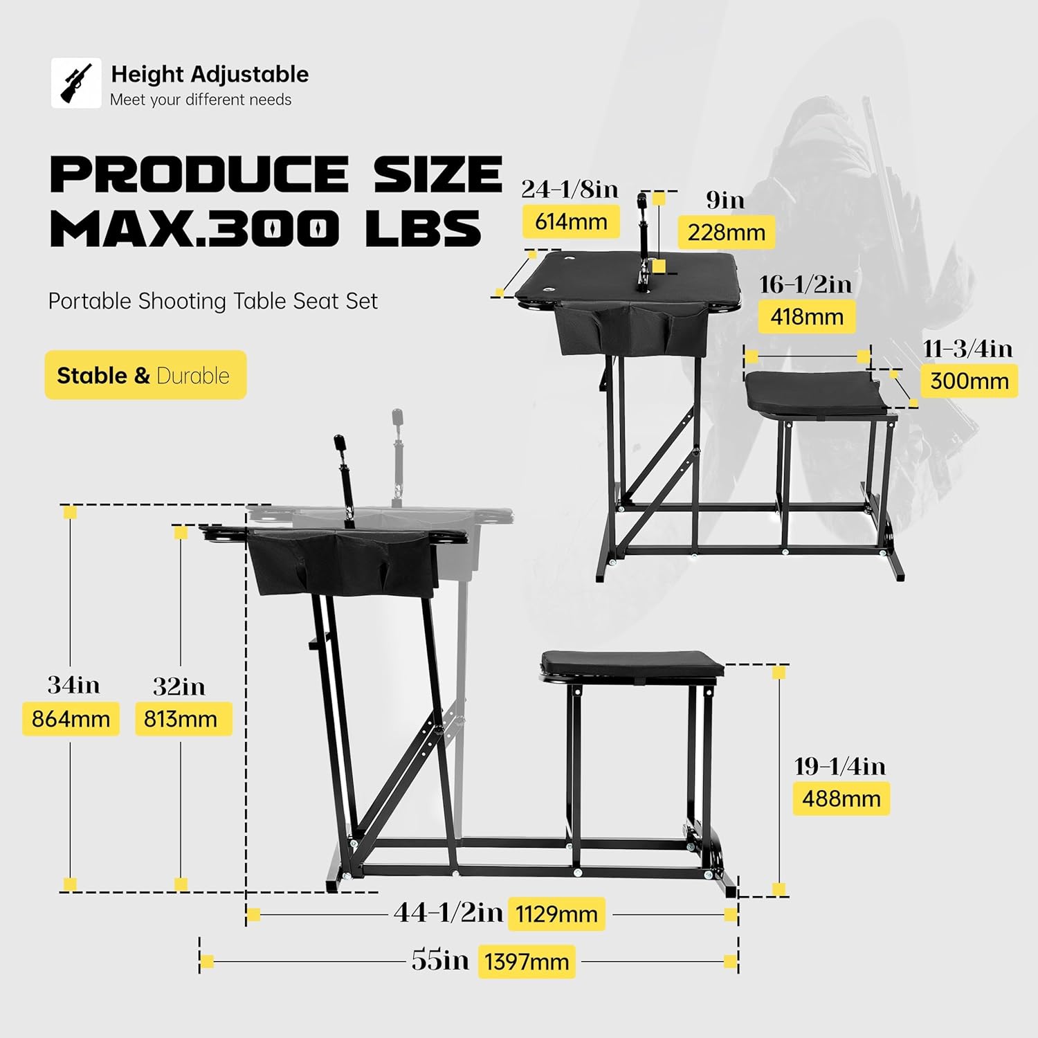 HECASA Portable Shooting Table Seat Set, Height Adjustable Gun Rest and Ammo Pockets for Outdoor Range Hunting