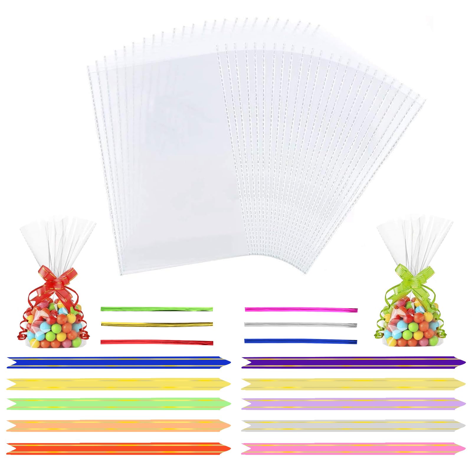 PZJFHCellophane Bags, 100Pcs Food Safe Sweet Bags Cookie Bags with Mix Colors Pull Bows and Ribbons-Flat Bottom Clear Bags for Sweets, Gifts Packaging for Christmas, Halloween,Birthday