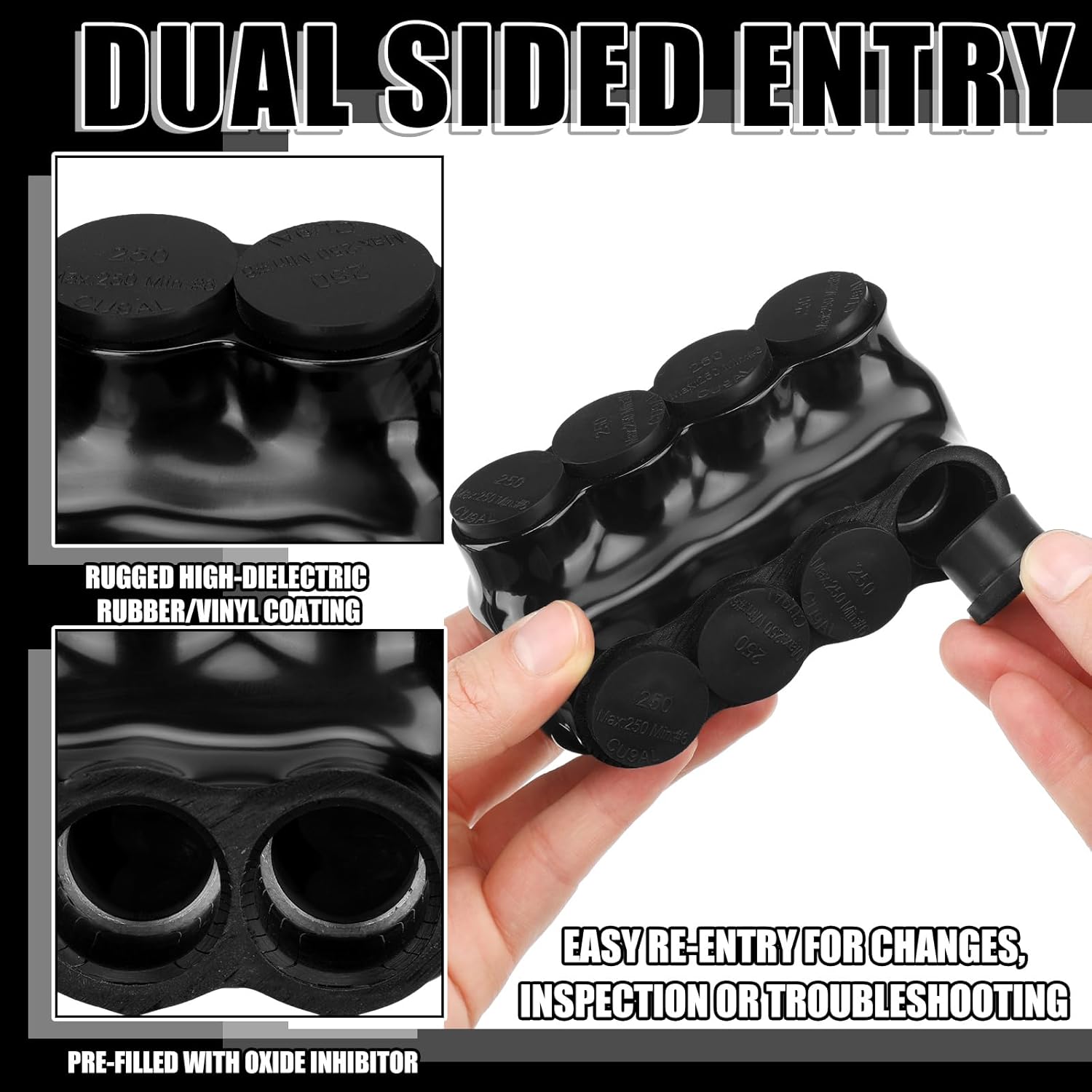 2 Pcs 4 Port Wire Connector, Multi Cable Connector, 6 Awg-250kcmil Insulated Multi Tap Connectors Black Single Sided Entry, Pre Filled with Oxide Inhibitor