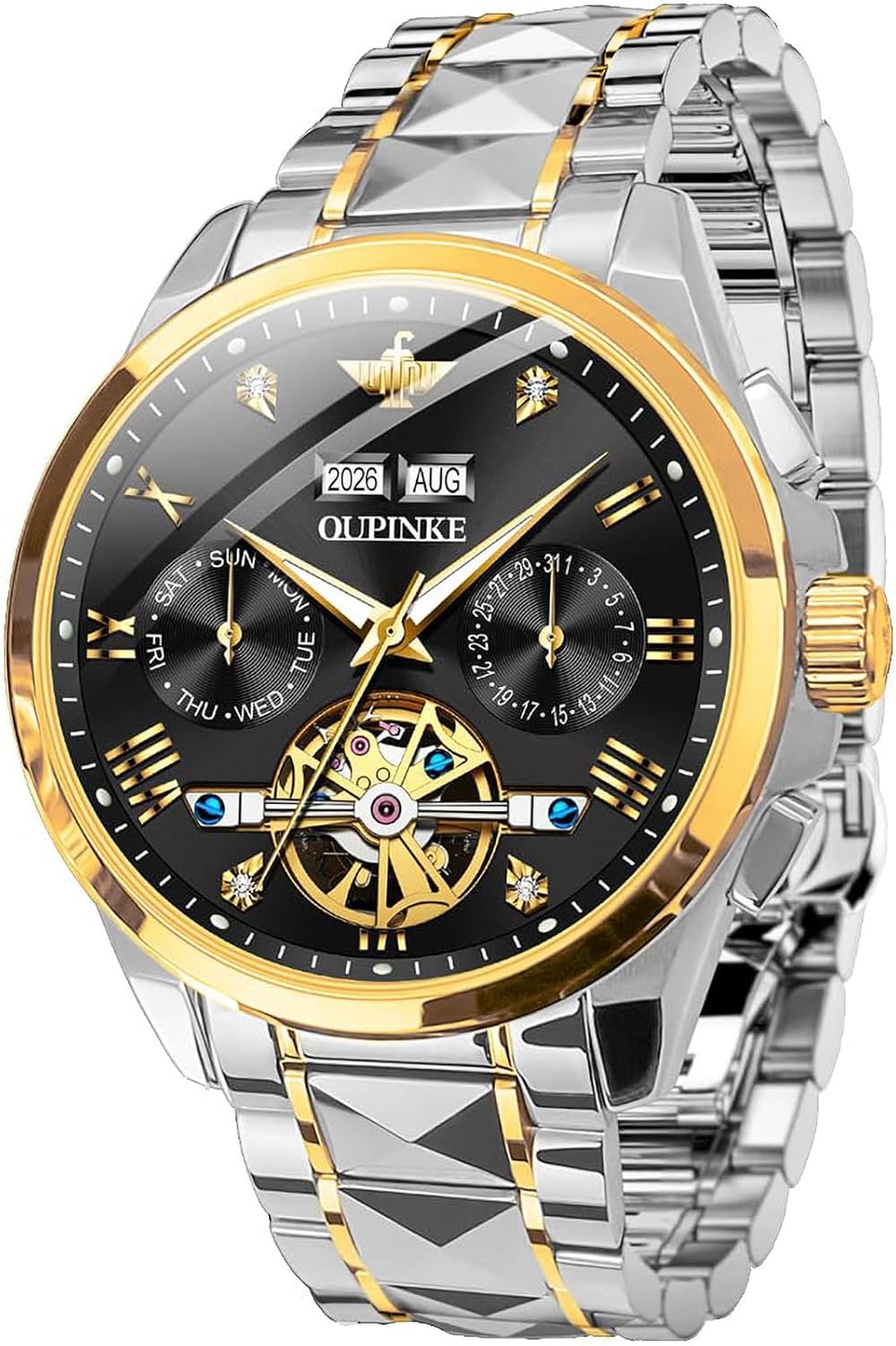 OUPINKE Mens Watches Skeleton Automatic Mechanical Premium with Calendar Sapphire Crystal Tungsten Steel Waterproof Wrist Watch