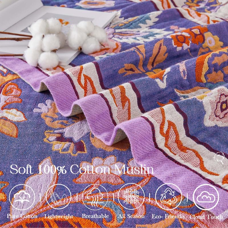 Image of Boho Throw Blanket Cotton Muslin Woven Flower Decorative Blankets 80 inchx90 inch