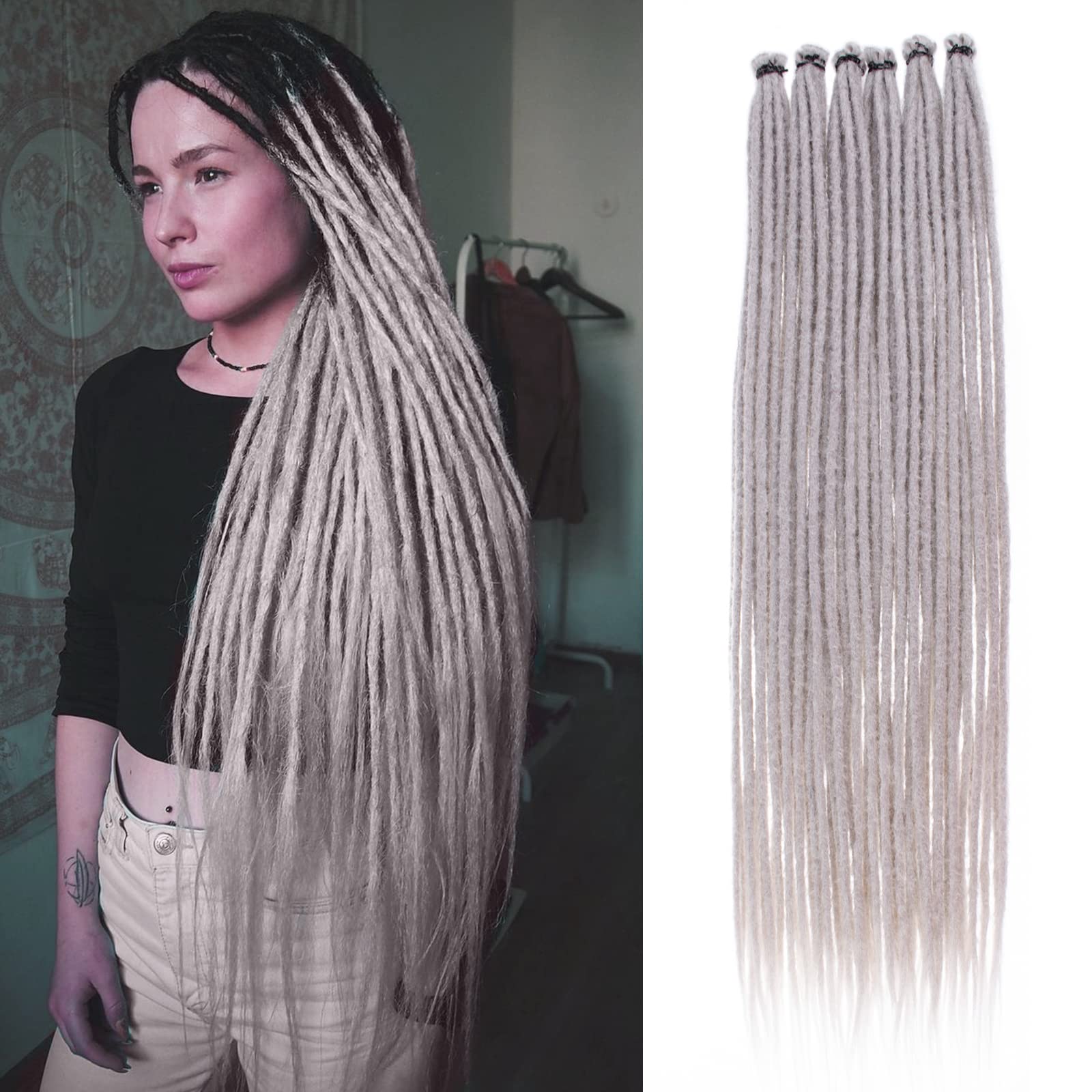 Leeven 20 Strands Thin Dreadlock Extensions 36 Inch Grey Soft Crochet SE Dreads Reggae Style Synthetic Braiding Hair 0.6 cm Width Loc Extensions for Women Men