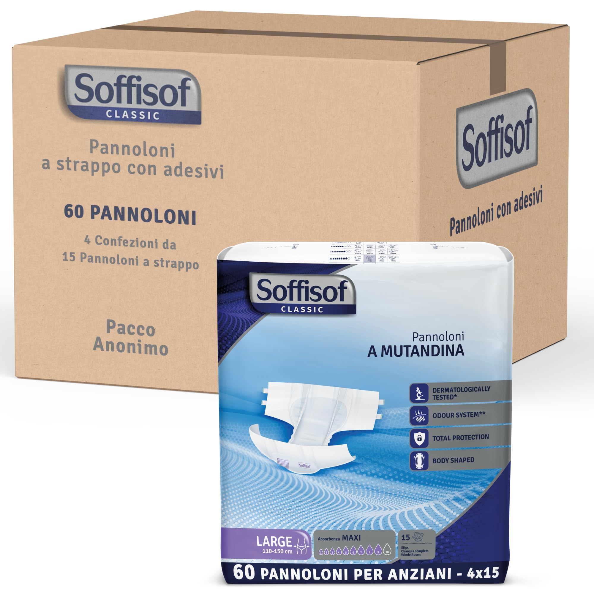 Soffisof Classic Pannoloni con Adesivi Maxi L - 60x Pannoloni per Anziani a Mutandina - 4 Confezioni da 15 Pezzi, Assorbenza fino a 9 Gocce - Ausili Incontinenza Uomo e Donna