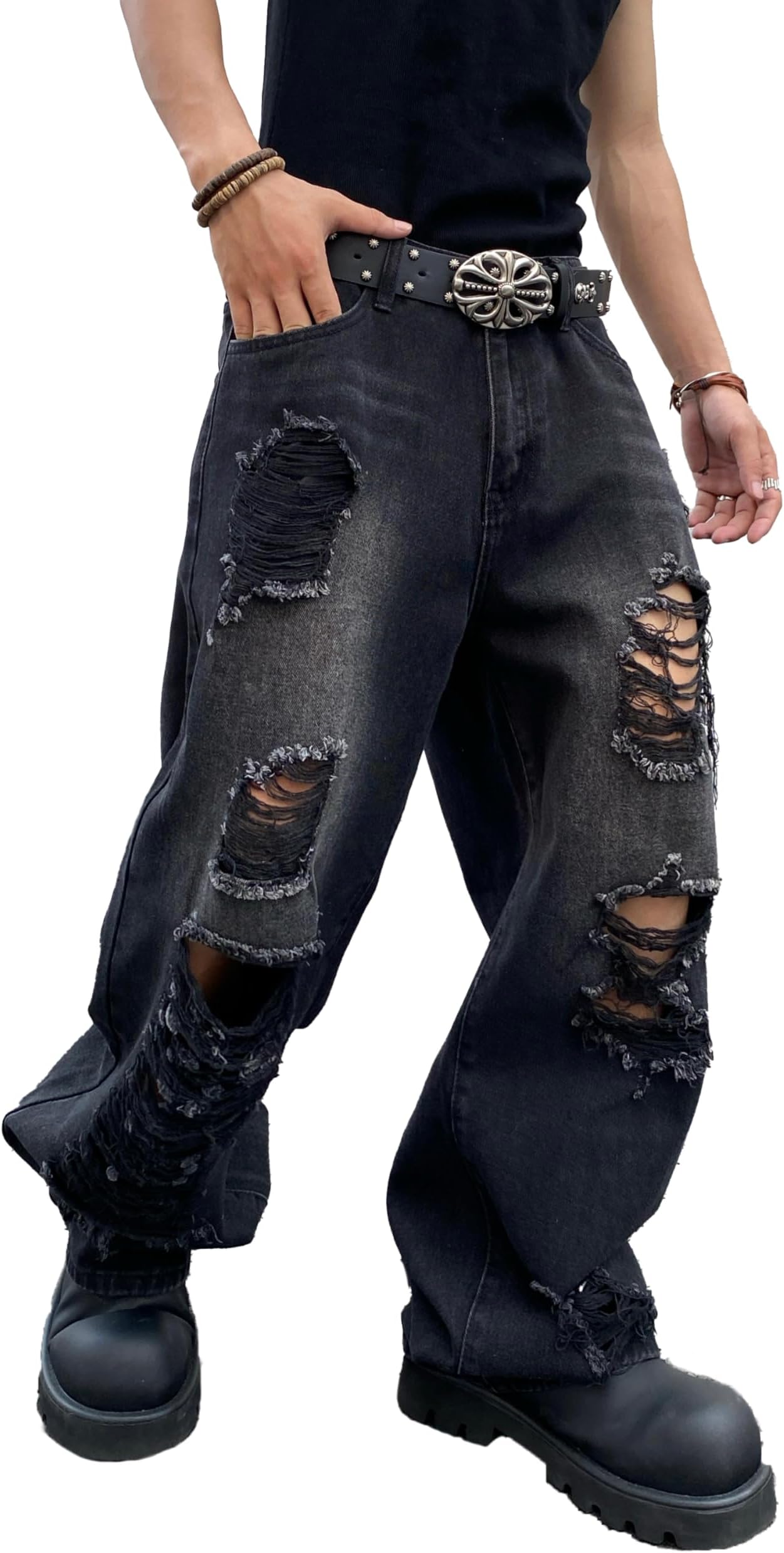 ZewoolMens Hip Hop Baggy Jeans Wide Leg Skater Jeans Casual Loose Denim Pants Y2k Skateboard Streetwear