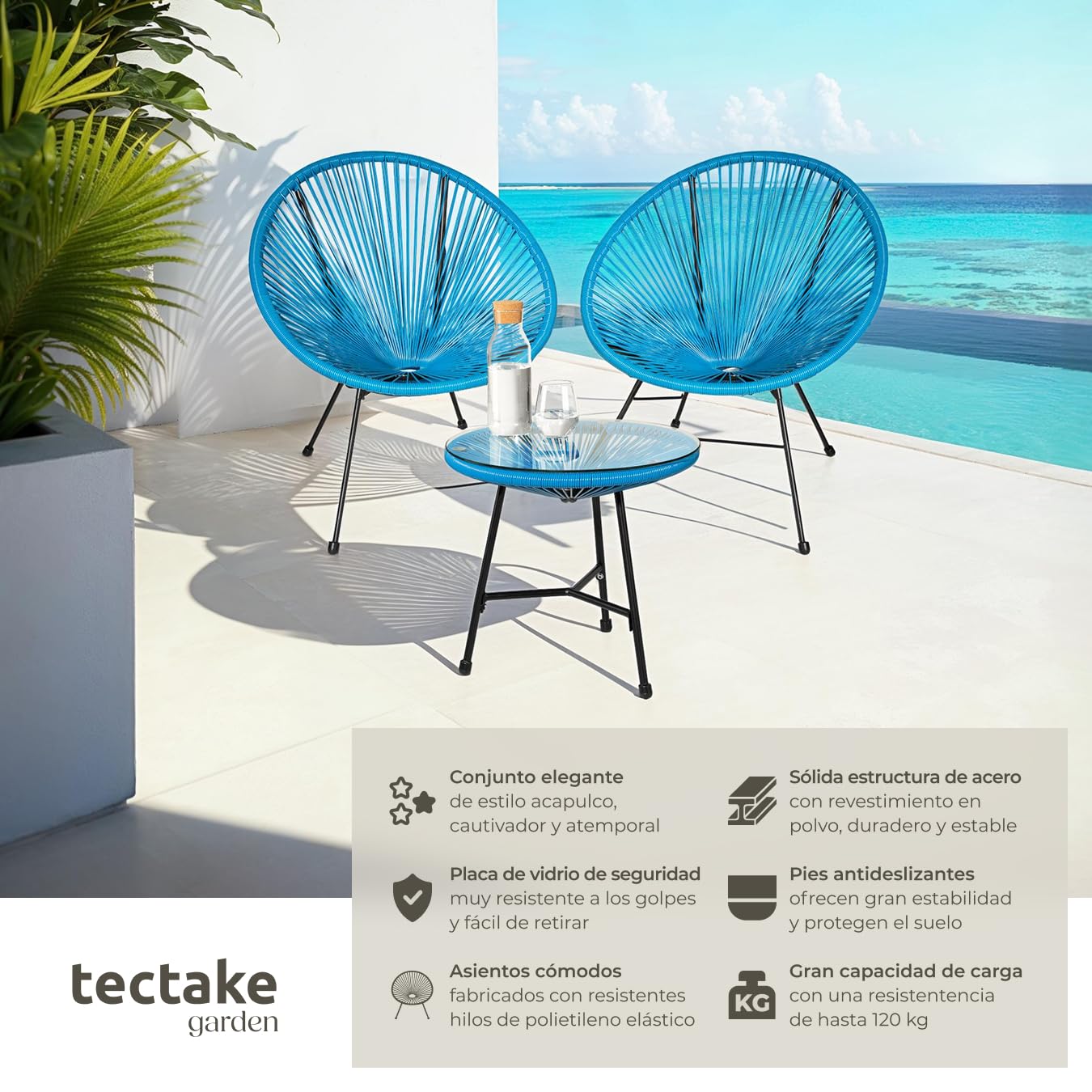 tectake® Conjunto Muebles Jardín Exterior de Acero, Estilo Acapulco, 2 Sillas y 1 Mesa con Cristal, Mesa y Sillas de Terraza Resistentes a Intemperie,Topes en Patas, para Interior y Exterior - azul