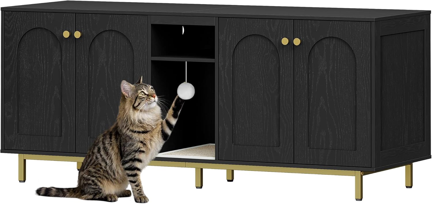 Hzuaneri Litter Box Enclosure for 2 Cats, Wooden Pet House Side End Table, Storage Cabinet Bench for Living Room, Bedroom, 55.2 x 20 x 23.9 inches, Black and Gold CB86504A