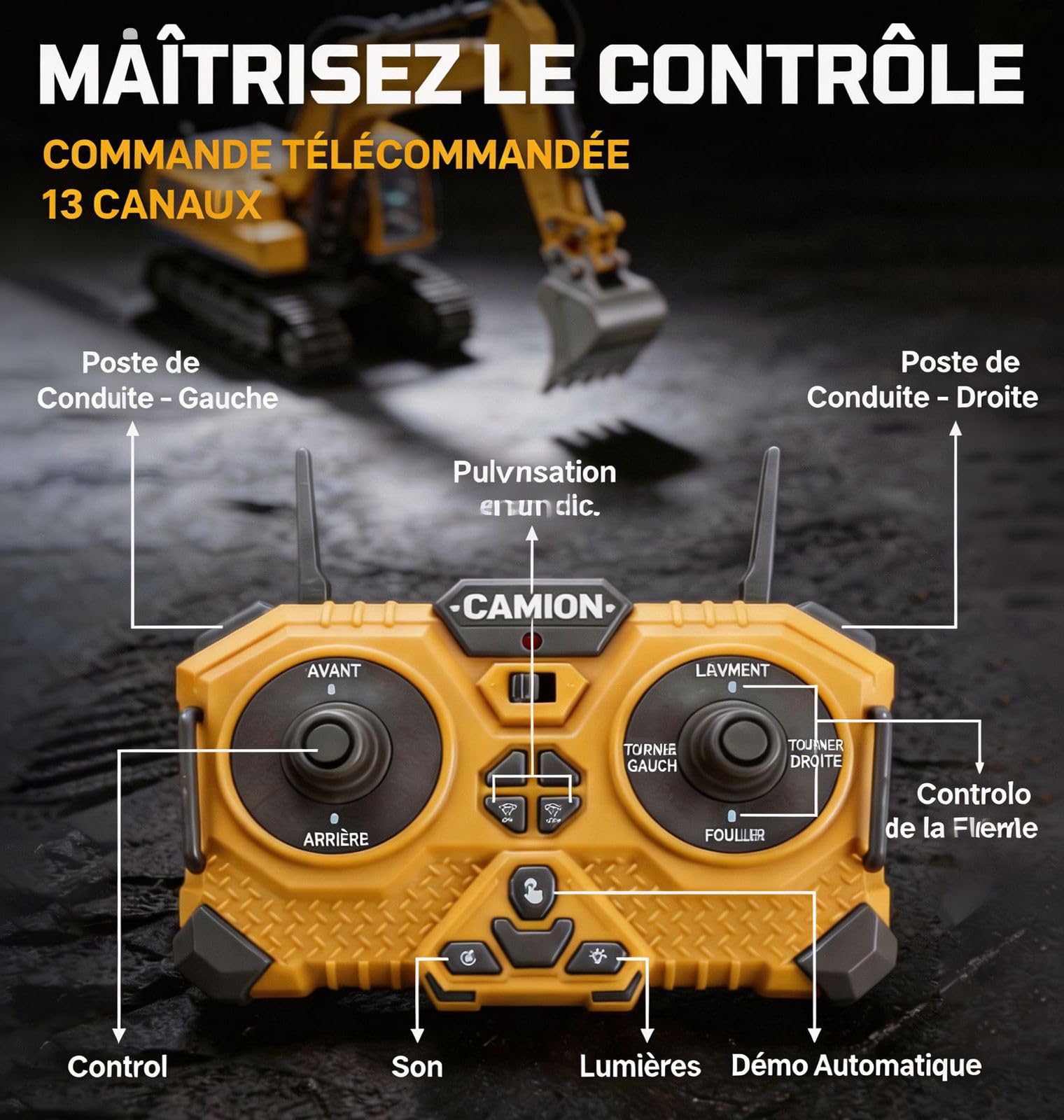 Pelle à télécommande, 1 Canal métal RC Construction véhicule Jouet avec lumières, Son, fumée
