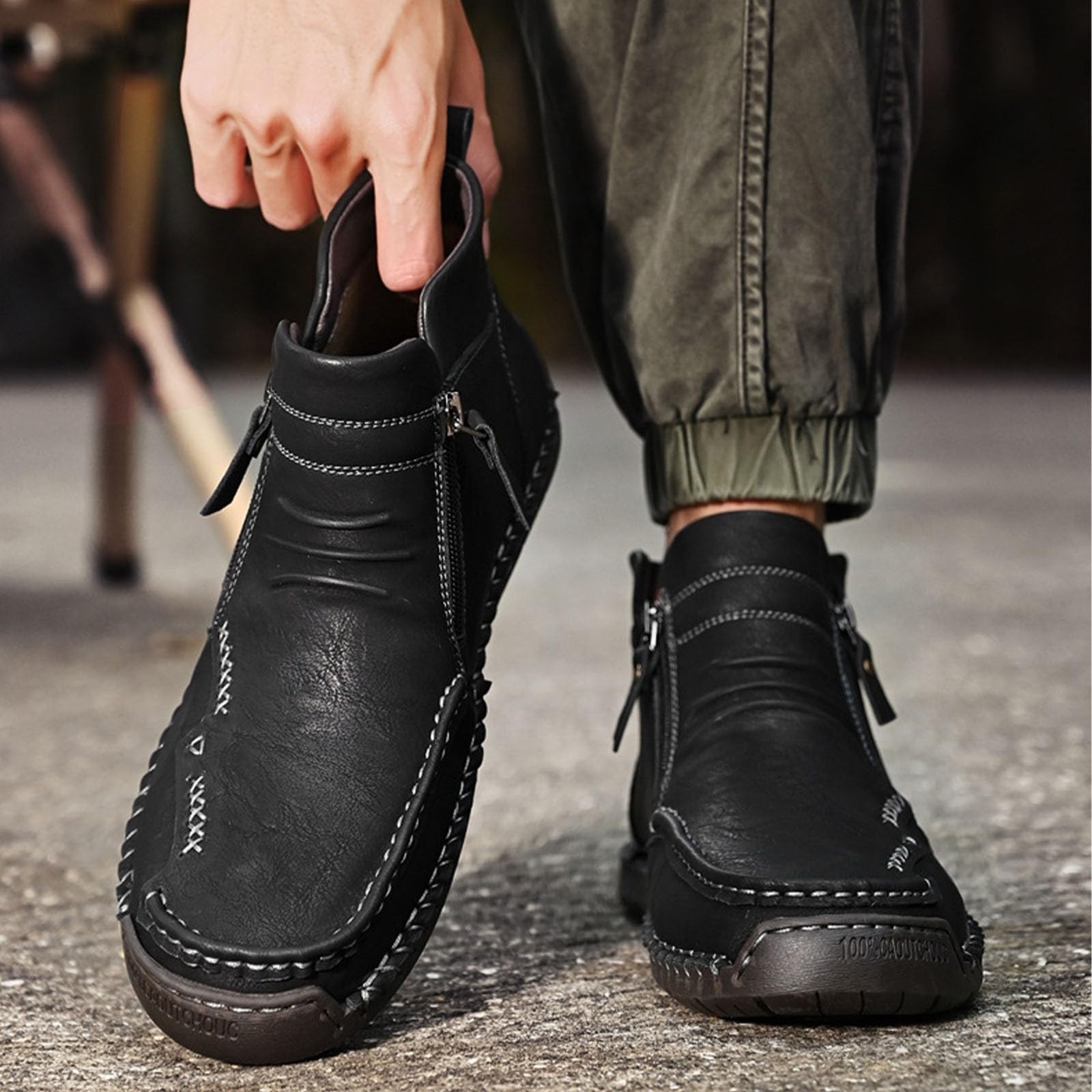 Pumio Chaussures de randonnée en Cuir Faites à la Main for Hommes | Fermeture éclair latérale, doublure polaire chaude, semelle en caoutchouc flexible, for la conduite(Black,37EU)