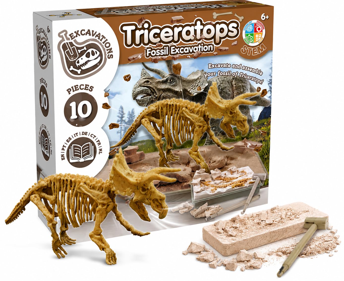 Science4you - Triceratops Fossil Digging Kit for Kids +6 - Excavate and assemble 10 Triceratops Fossiles - Ideal Dinosaur Excavation Kit Toy, Archeology and Paleontology Sets for Kids Age 6+
