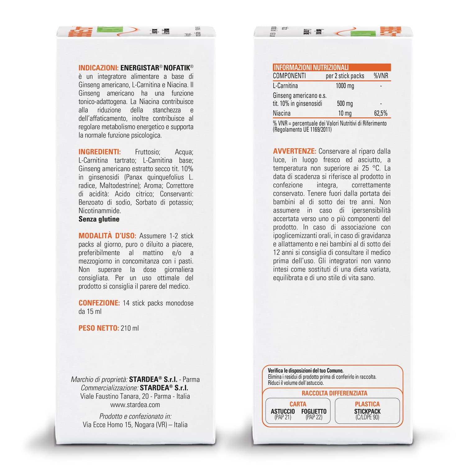 STARDEA Energistar Nofatik, Integratore Alimentare Riduzione Stanchezza e Affaticamento, Supporta l'Organismo in Condizioni di Stress Psico-Fisico, 14 Stick Packs Monodose (Confezione da 2)