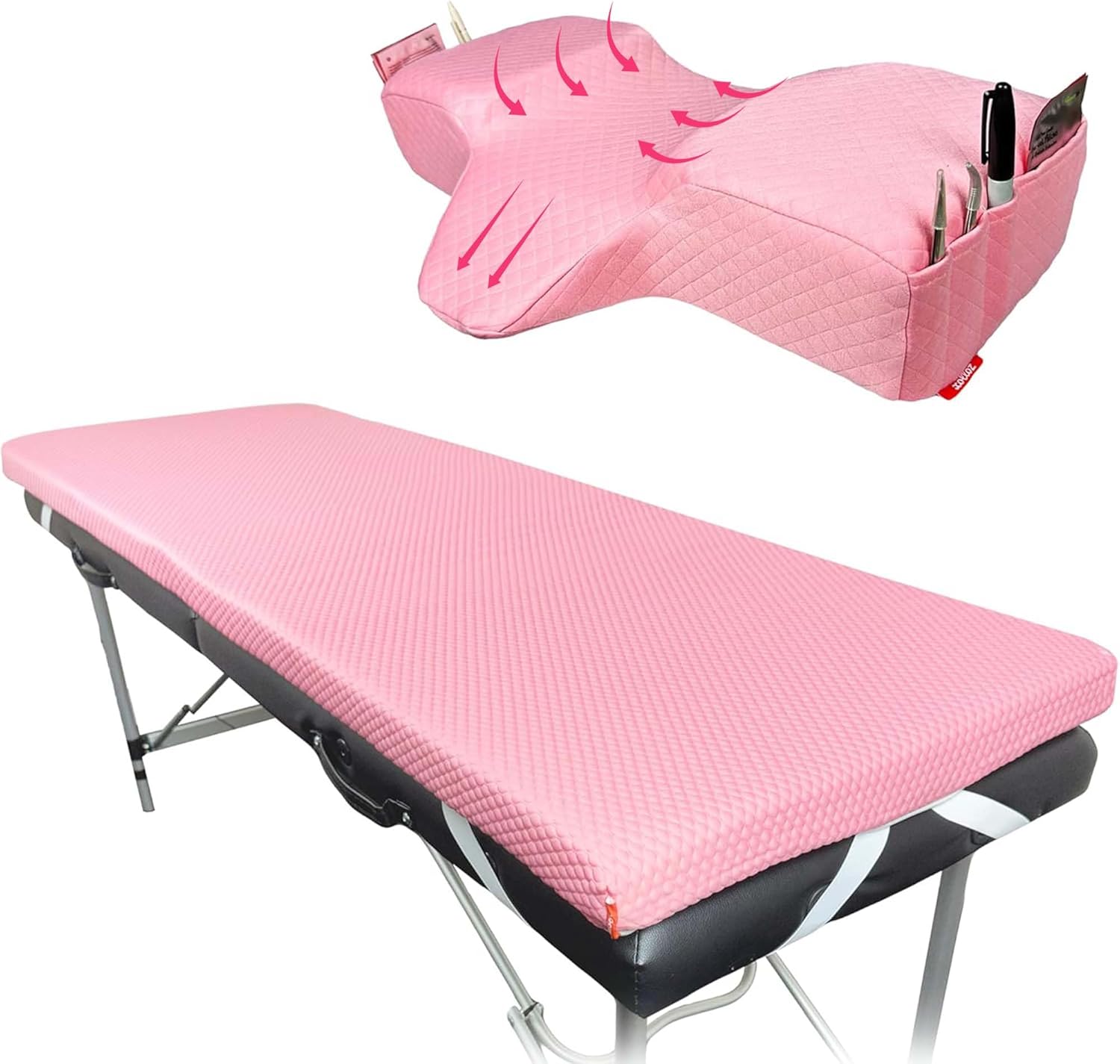 | Lash Bed Mattress + Pillow (Pink) | Comfortable Mattress Topper - with Four Corner Straps & Anti-Slip Bottom | Curved Lash Bed Pillow with Neck and Back Support, Two Pockets On The Sides