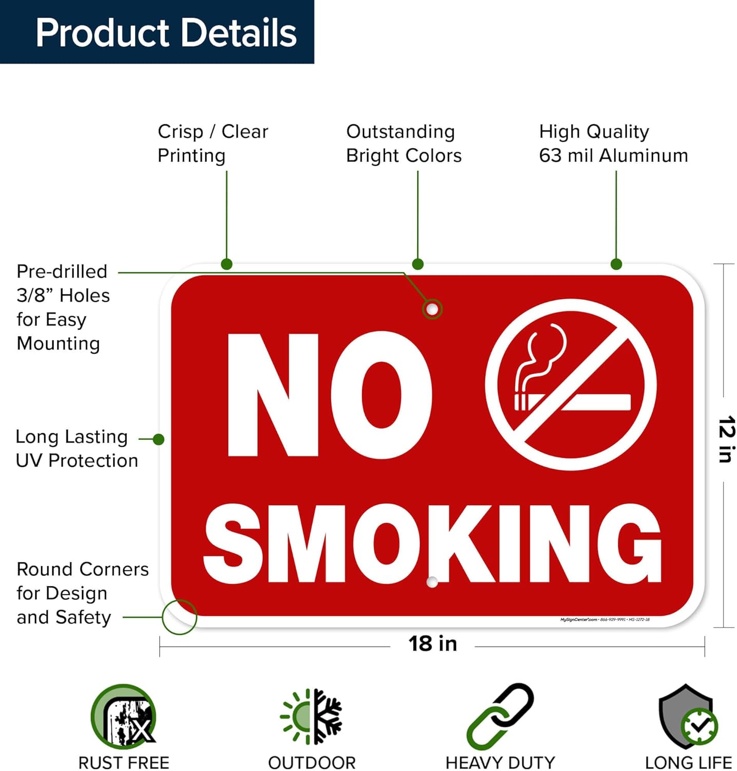 No Smoking with Graphic Warning Sign, 12x18 Inches, Rust Free .063 Aluminum, Fade Resistant, Made in USA by My Sign Center