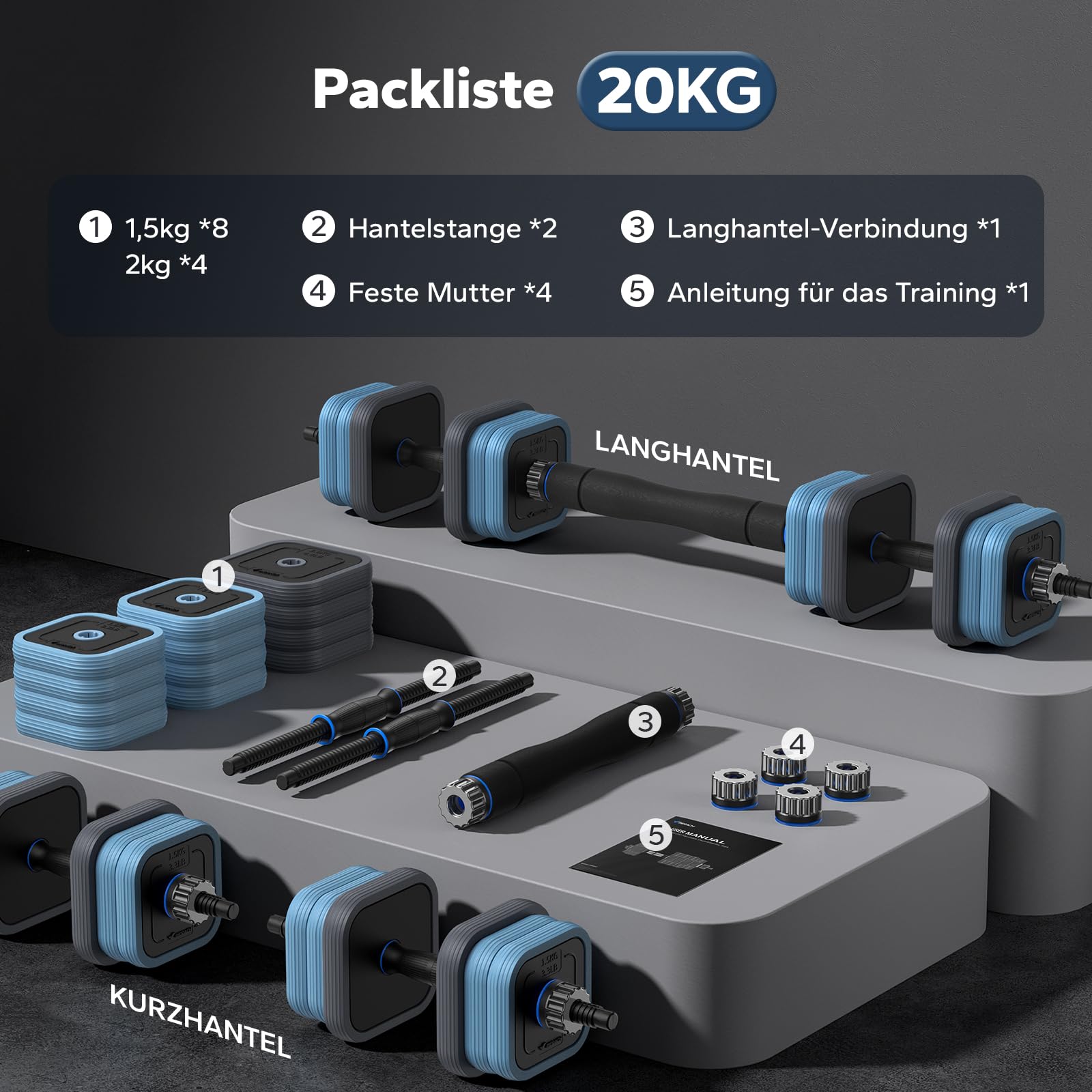 Merach Hanteln Set Kurzhanteln 10kg/20kg/30kg/40kg,3 in 1 Verstellbar Dumbbell,Langhanteln,LIEGESTÜTZE,Hantelscheiben, Hantel mit Verbindungsstahlrohr Gewichten,Krafttraining,Zuhause, Fitnessstudio
