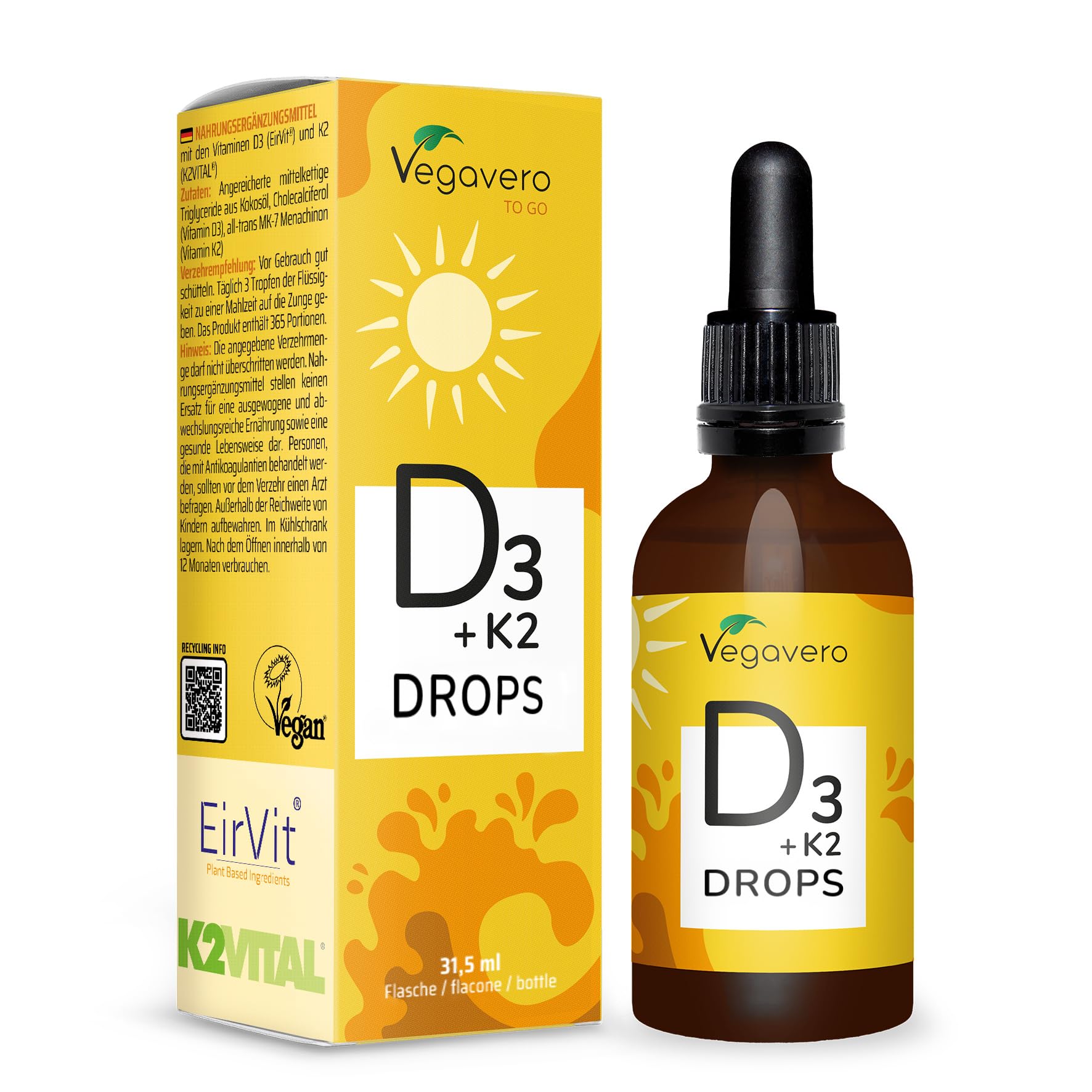 Vegavero Vitamin D3 K2 Drops | 1 Year Reach| 1000 IU Vitamin D3 (from The UK) & 12.5 μg K2 | NO Additives | Lab-Tested | Vegan