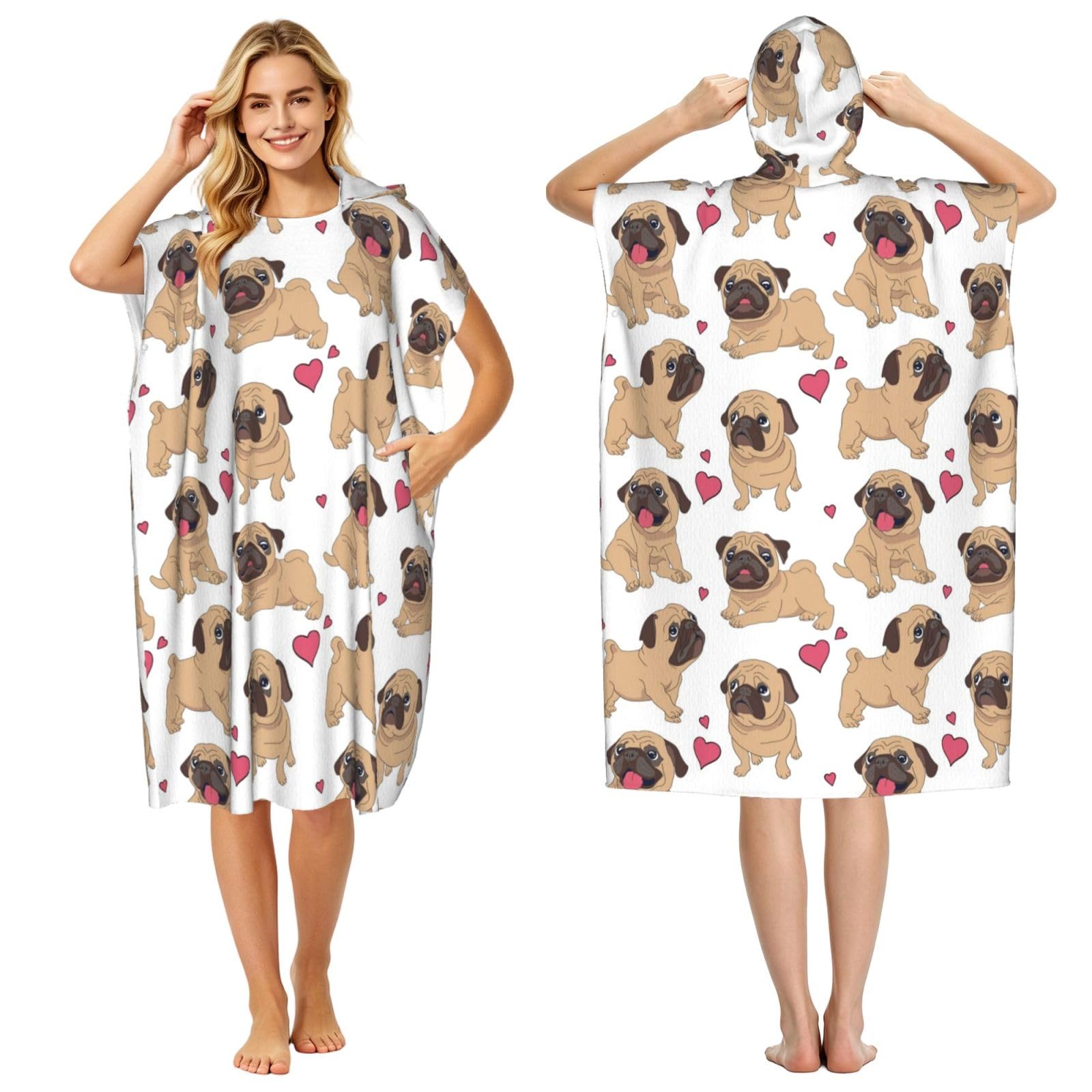 Poadnly Funny Cartoon Pugs Puppies, Adult Hooded Beach Towel 90 x 110 cm,Changing Bath Robe, Surf Poncho Towel For Women Men