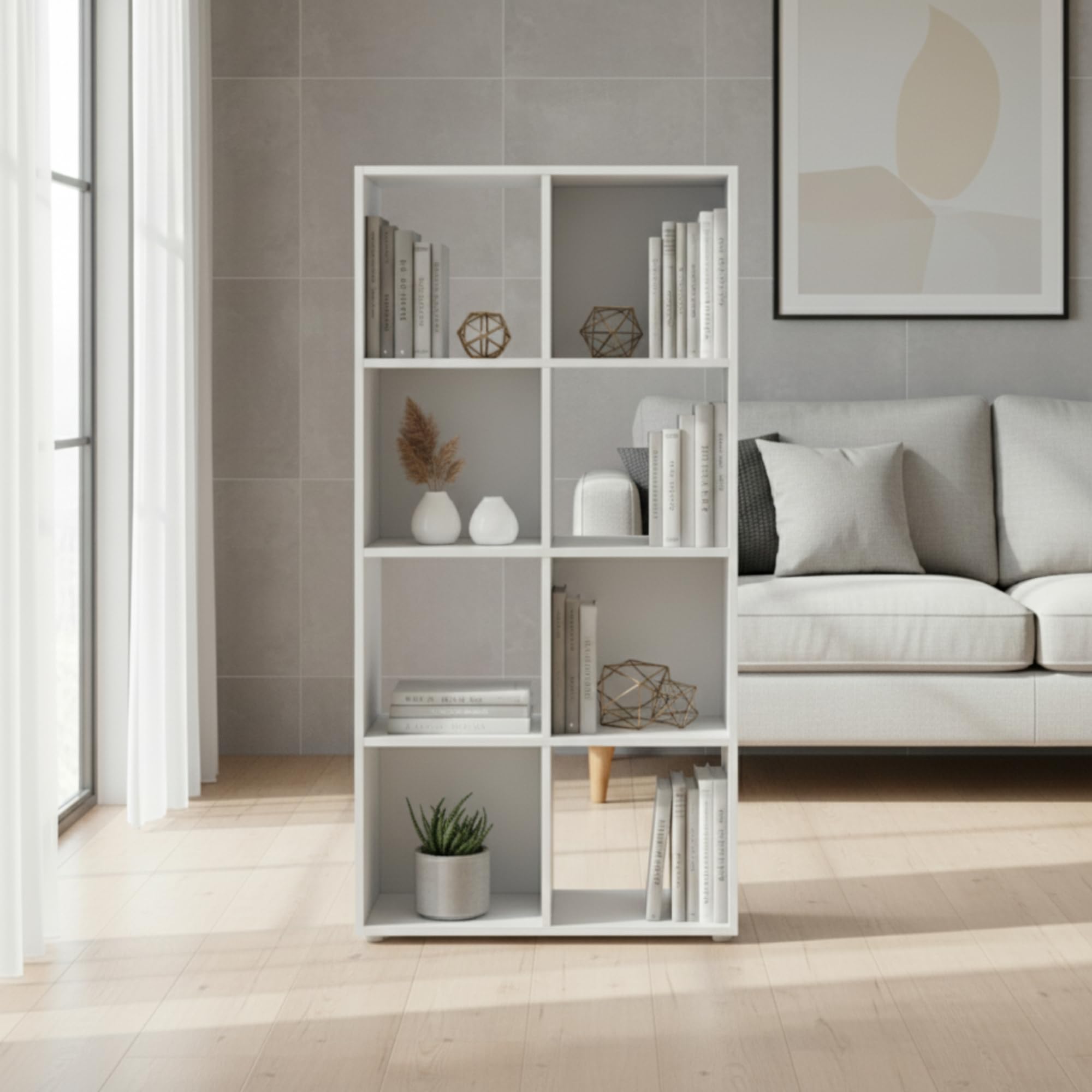 INDE MOBLEKIT | Libreria a cubi con 8 scomparti, 61,2x29,7x120,8 cm, libreria in legno bianco, libreria modulare per bambini, mobile contenitore per camera da letto o corridoio