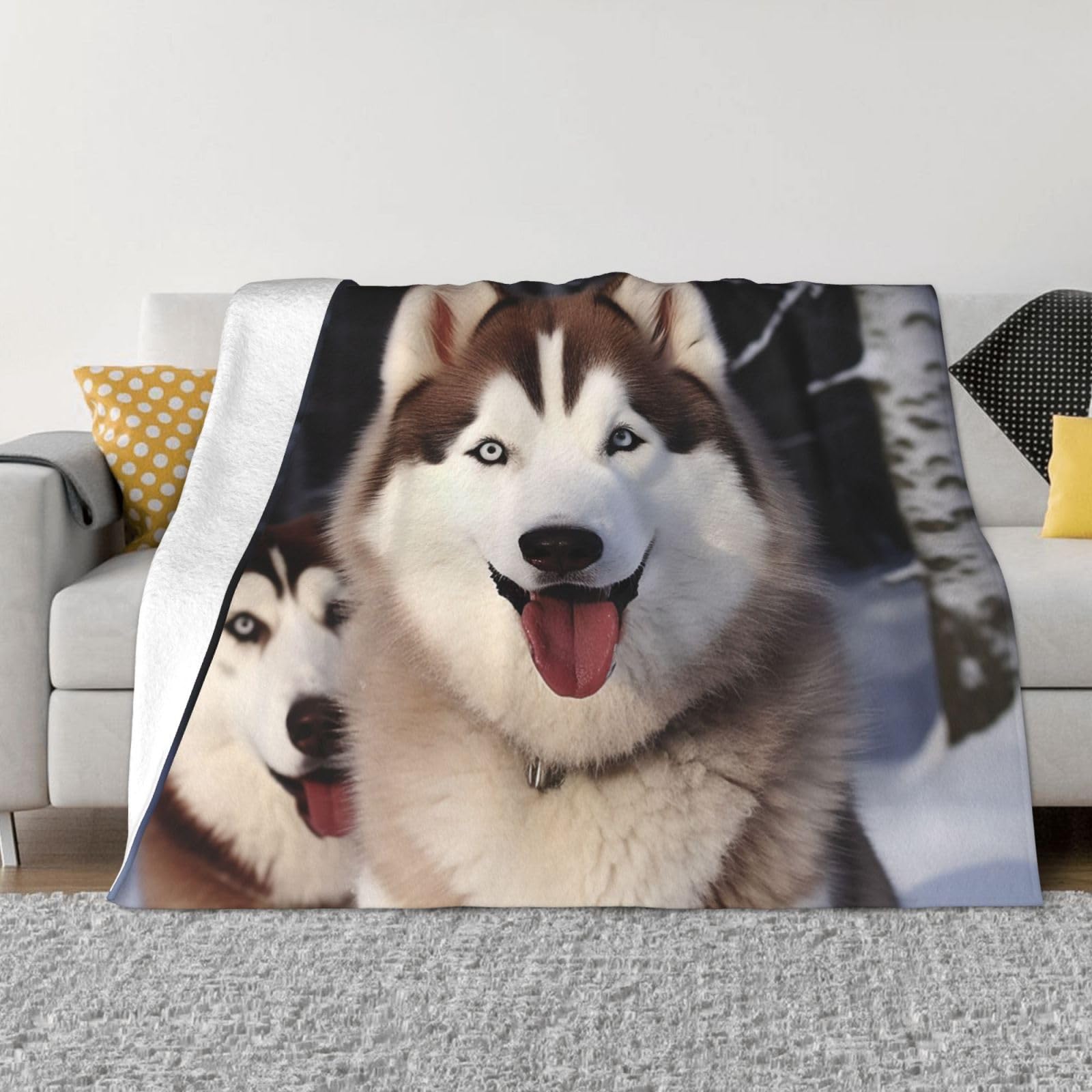 Couverture Huskies en microfibre flanelle douce toutes saisons pour canapé | 150x130 cm