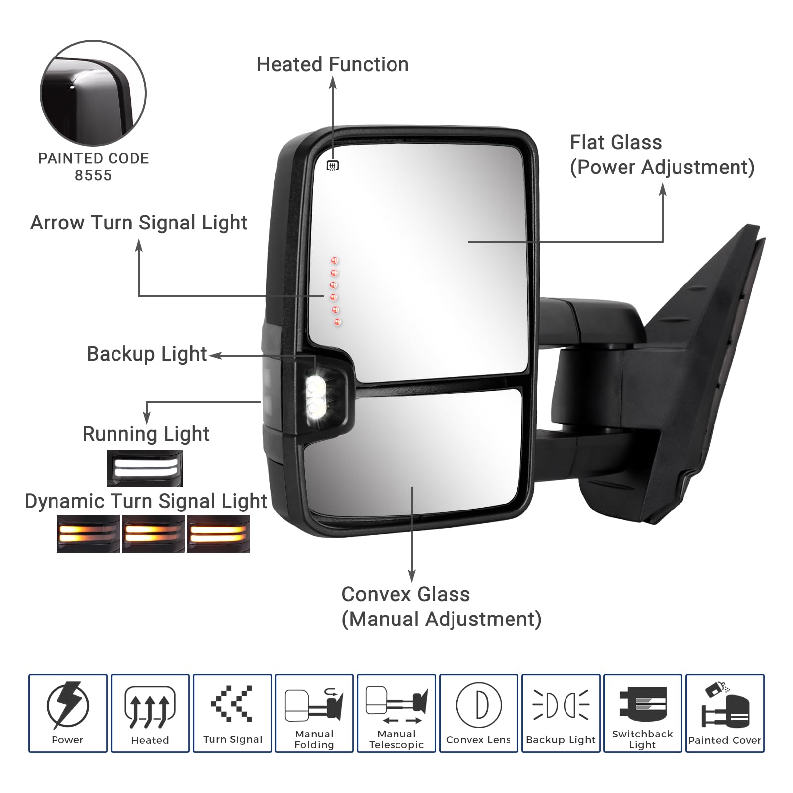 Switchback - Specchietto retrovisore per Chevy Silverado GMC Sierra 2007-2014, con luce di marcia in vetro riscaldato, luce di posizione, indicatore di direzione, lampada di riserva nera (retro