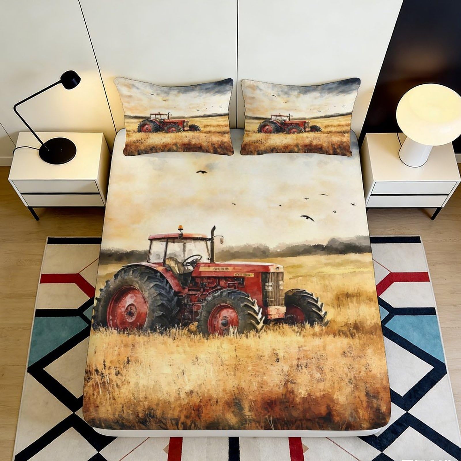 3D Printed Red Farm Tractor Fitted Sheet Microfiber Bedroom Decor Countryside Field Bed Cover for Home Guest Room 90x200x25cm