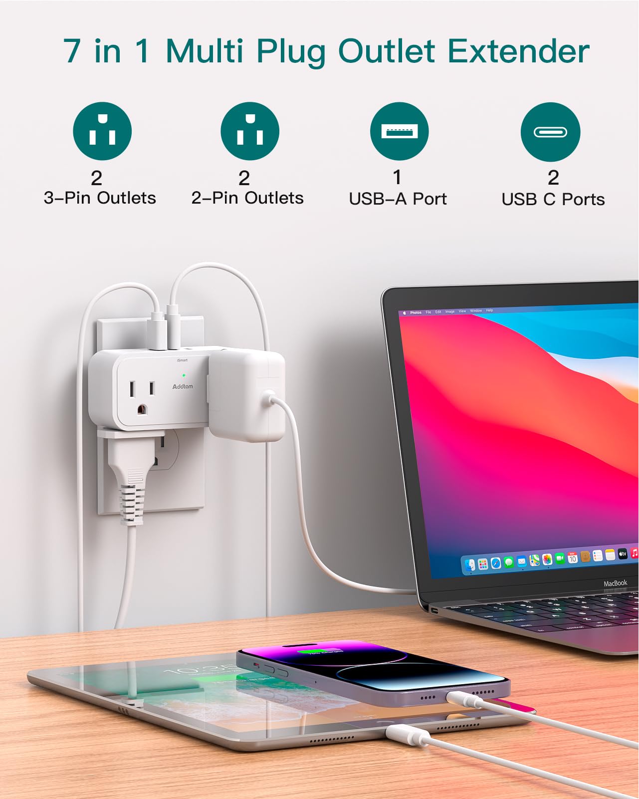 2 Pack Outlet Extender Multi Plug Outlet - Addtam 4 AC Outlets 3 USB Wall Charger (2 USB C), 3 Sided Multiple Plug Adapter No Surge Protector for Cruise Ship Home Office Dorm Room Travel Essentials