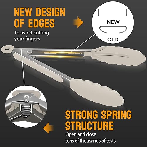 Miniatura 5 de HOTEC Pinzas de cocina de acero inoxidable de alta calidad con puntas de silicona, juego de 2-9 pulgadas y 12 pulgadas, caqui