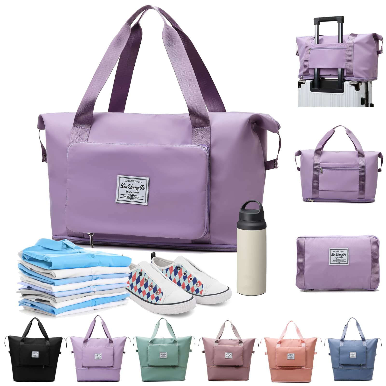 Large Capacity Folding Travel Bag,Foldable Travel Duffel Bag,Dry and Wet Separation Sports Tote Gym Bag,Lightweight Waterproof Carry Luggage Bag Shoulder Weekender Overnight Bag for Men Women, Purple-image-37