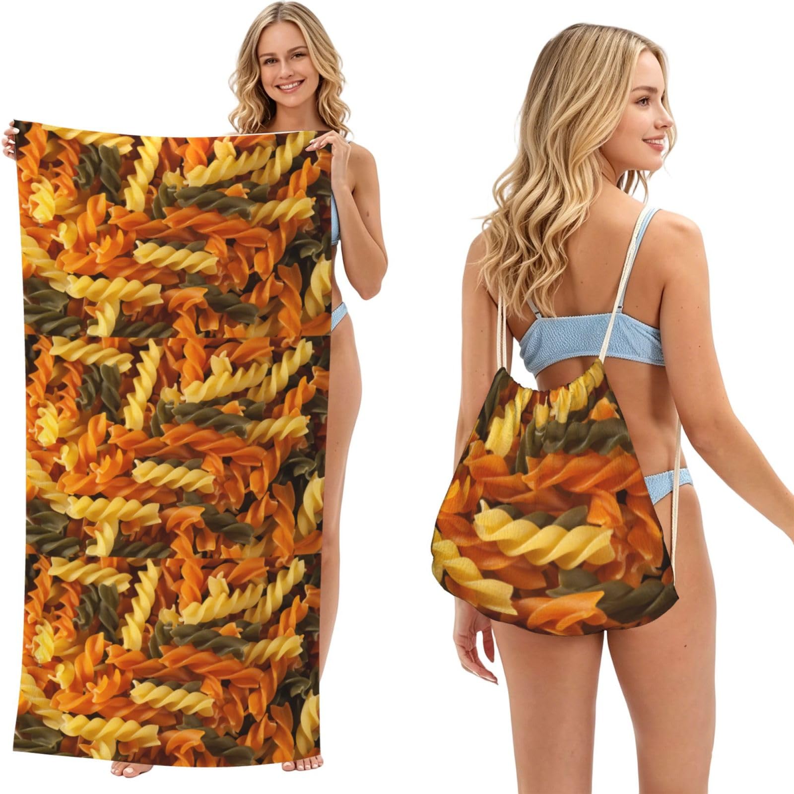 Poadnly As Picture Tasty Pasta, 2 In 1 Packable Towel Bag, Beach Towels With Drawstring Backpack For Travel Holiday Camping