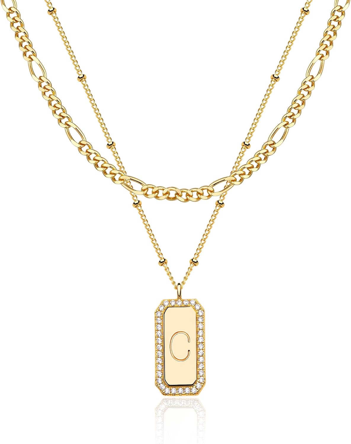 Gold Initial Necklace for Women 14K Gold Plated Figaro Chain Choker Layered Necklaces Set Bar Rectangle Pendant Necklaces Simple Dainty Letter Necklace Everyday Gold Jewelry