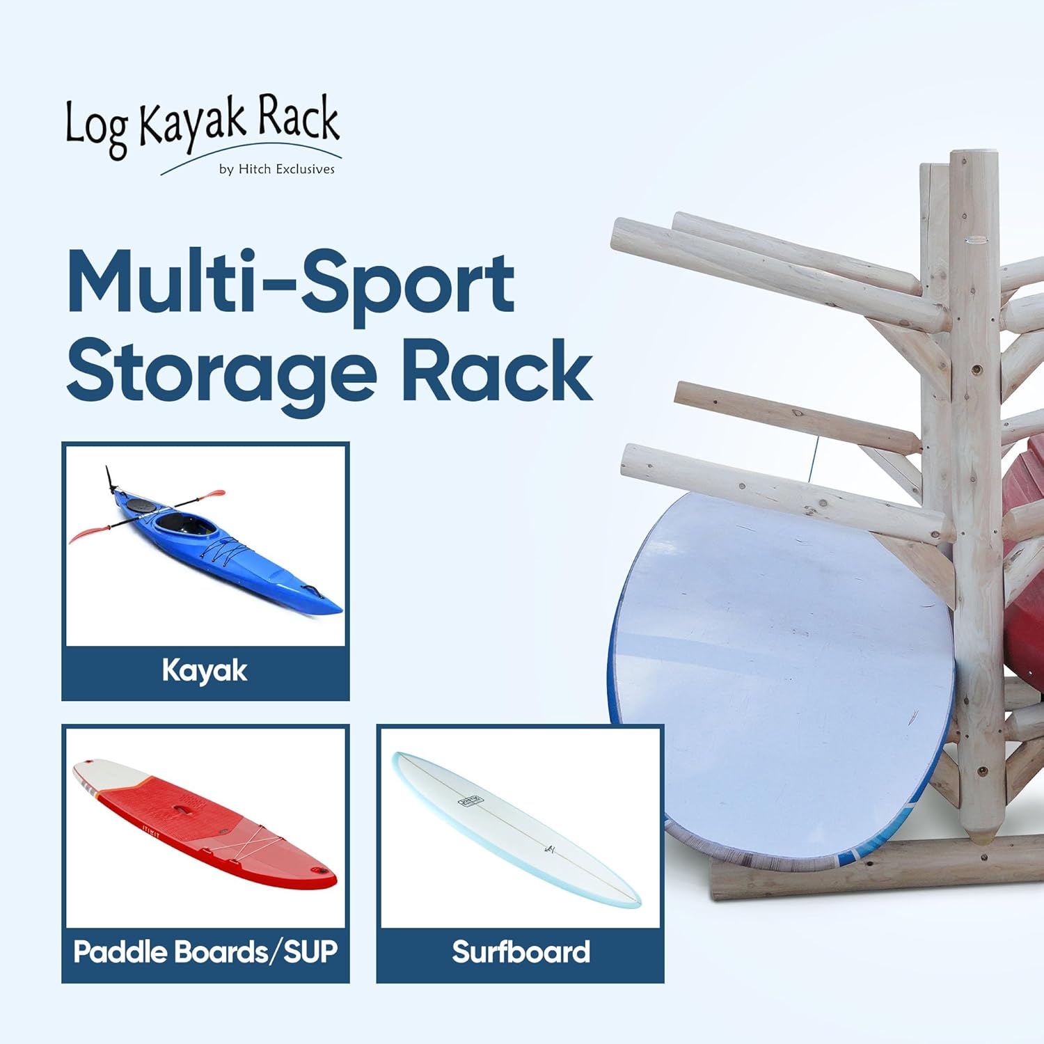 Log Kayak Rack 6-Place, Freestanding Garage Kayak Storage Rack, Surfboard Stands, SUP Racks, Surfboards Steady Stand, SUP Board Stand, Outdoor Storage Racks