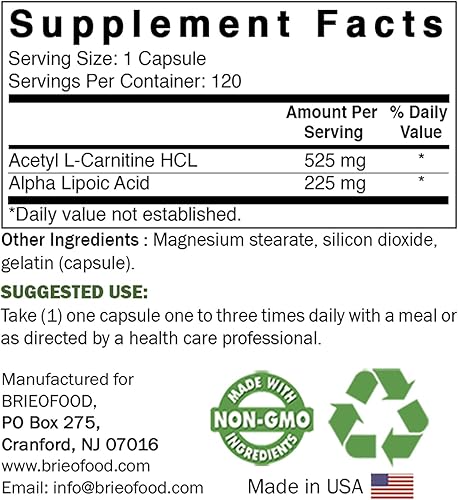 Miniatura 2 de Brieofood Acido acetil L-carnitina alfa lipoico (ALA ALC) 750 mg 120 Cápsulas