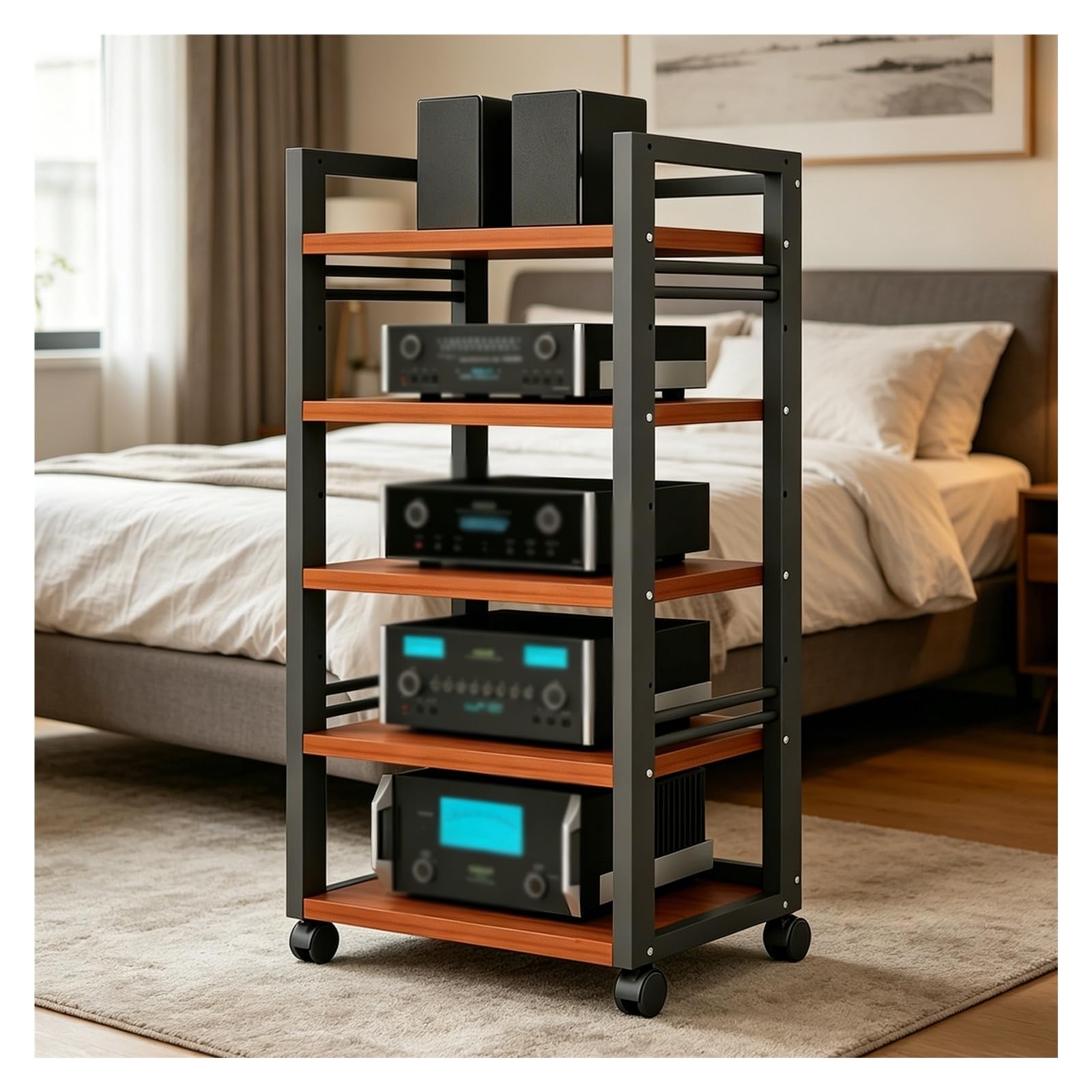 Mobiler 5-stöckiger HiFi Regal,Schallplattenspieler Regal Mit Rollen, Schwerlast Stahl AV-Rack,phonoschrank Für Verstärker, Receiver, Lautsprecher,Plattenspieler(Teak)