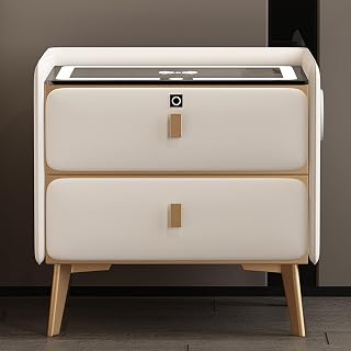 Mesita de Noche con Carga Inteligente Mesita de Noche con Bluetooth Regulable Mesitas de Noche Mesita de Noche con 2 cajones Cerradura de Huellas Dactilares (Color: Blanco Roto-1, Tamaño: B)