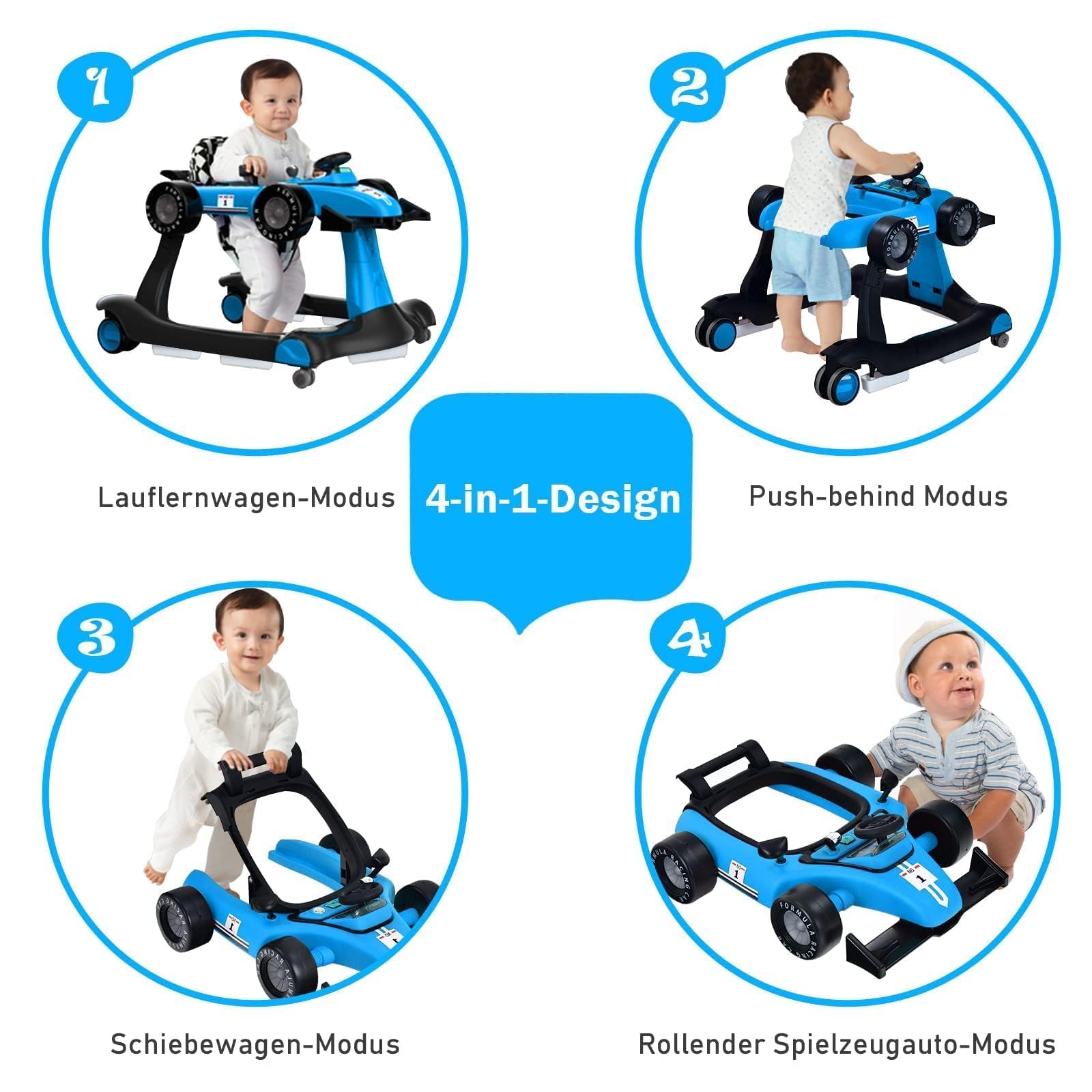 COSTWAY 4 in 1 Lauflernhilfe, Lauflernwagen klappbar mit einstellbarer Höhe & Geschwindigkeit, Baby Walker Autoförmig mit Musikbox, Licht & Rädern, Gehfrei Baby ab 6 Monaten, 12kg Belastbar (Blau)