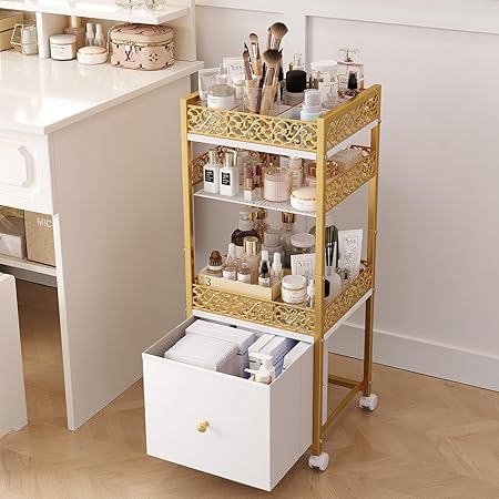 Floor Makeup Organizer Cart, Skincare Organizers with Drawer, Makeup Stand for Cosmetic Organizer, Make Up Cart for Vanity, Bathroom Vanity Organizer Makeup Holder for Skin Care Hair Tool Beauty