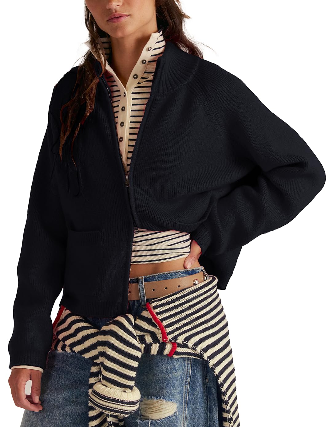Haellun Zip Up Sweaters for Women Double Zipper Open Front Cardigan Sweater Ribbed Knit Coats with Pockets