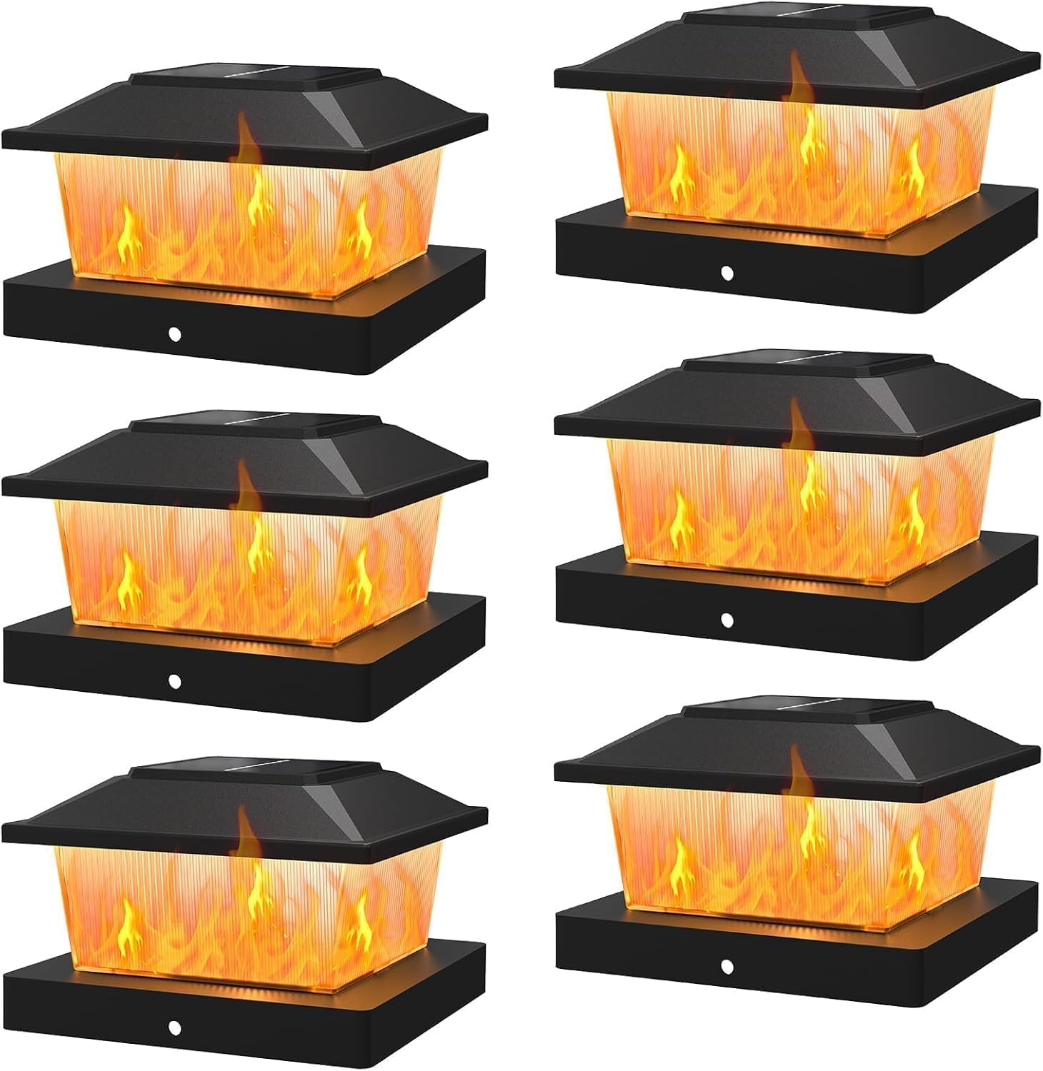 HoldOneLight Solar-Pfostenkappenleuchten, 6er-Set – warmweißer Flammeneffekt, wasserdicht (IP65), für 11 x 11 cm große Zaunpfosten, Terrassendielen und Terrassen (Flammenlampe 6packs)