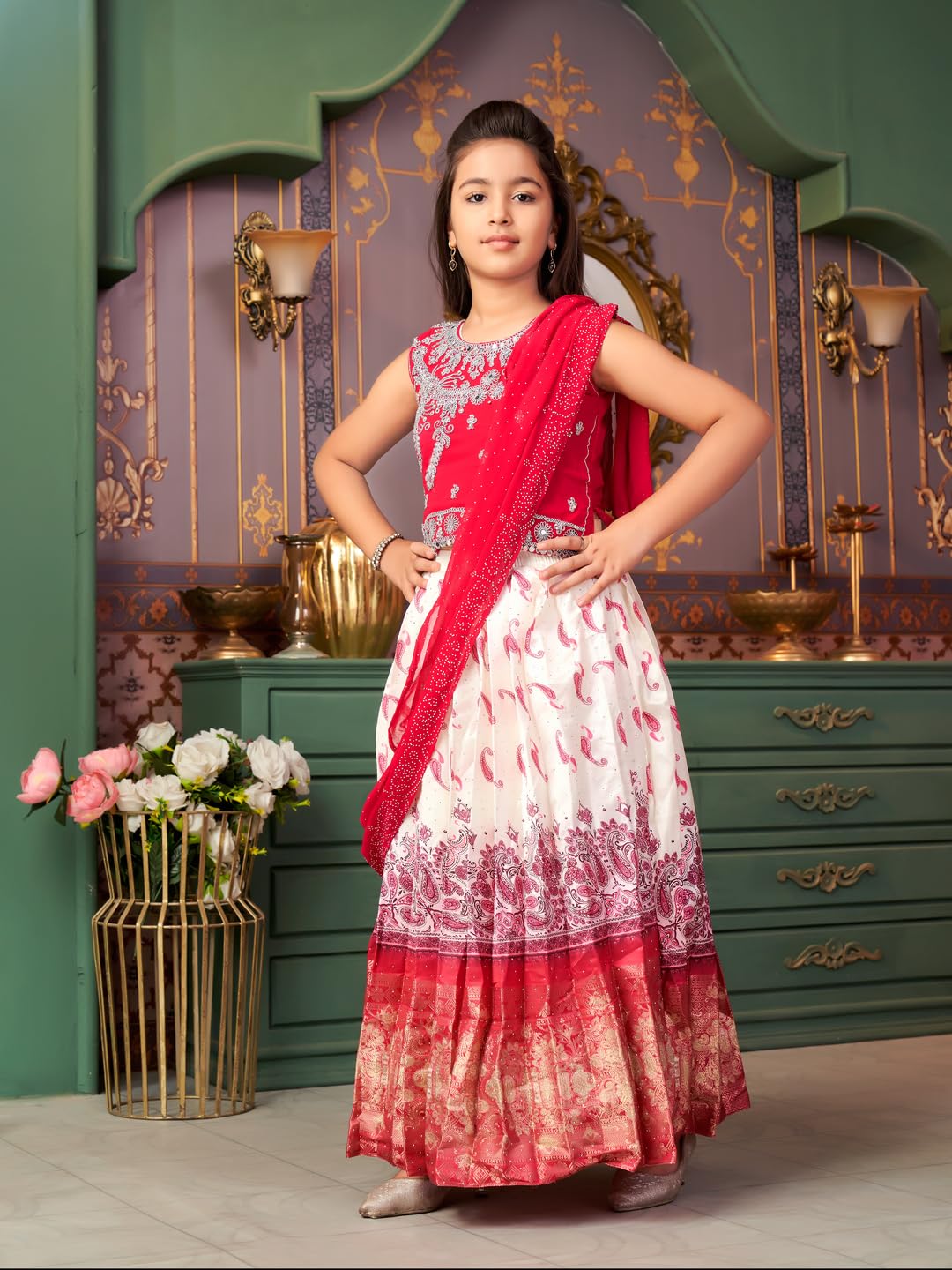 Aarika Girls Ethnic Wear Rani-Cream Colour Mirror Embroidery Georgette Lehenga Choli Set With Attached Dupatta-4-15 Years (Lch-9435)