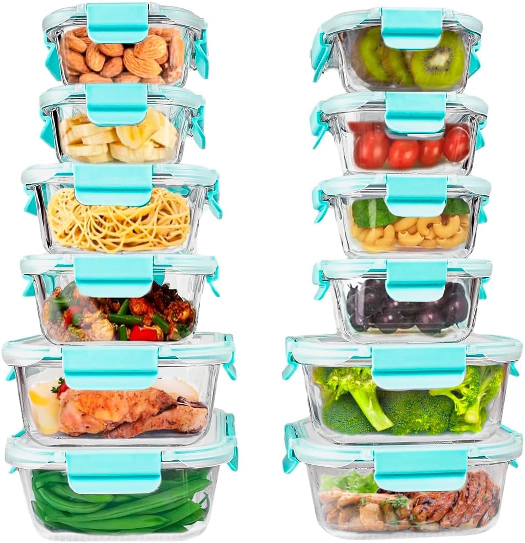 24 Piece Glass Microwave Dishwasher Safe Storage Prep Meal Containers with Lids Leak Proof (Blue)