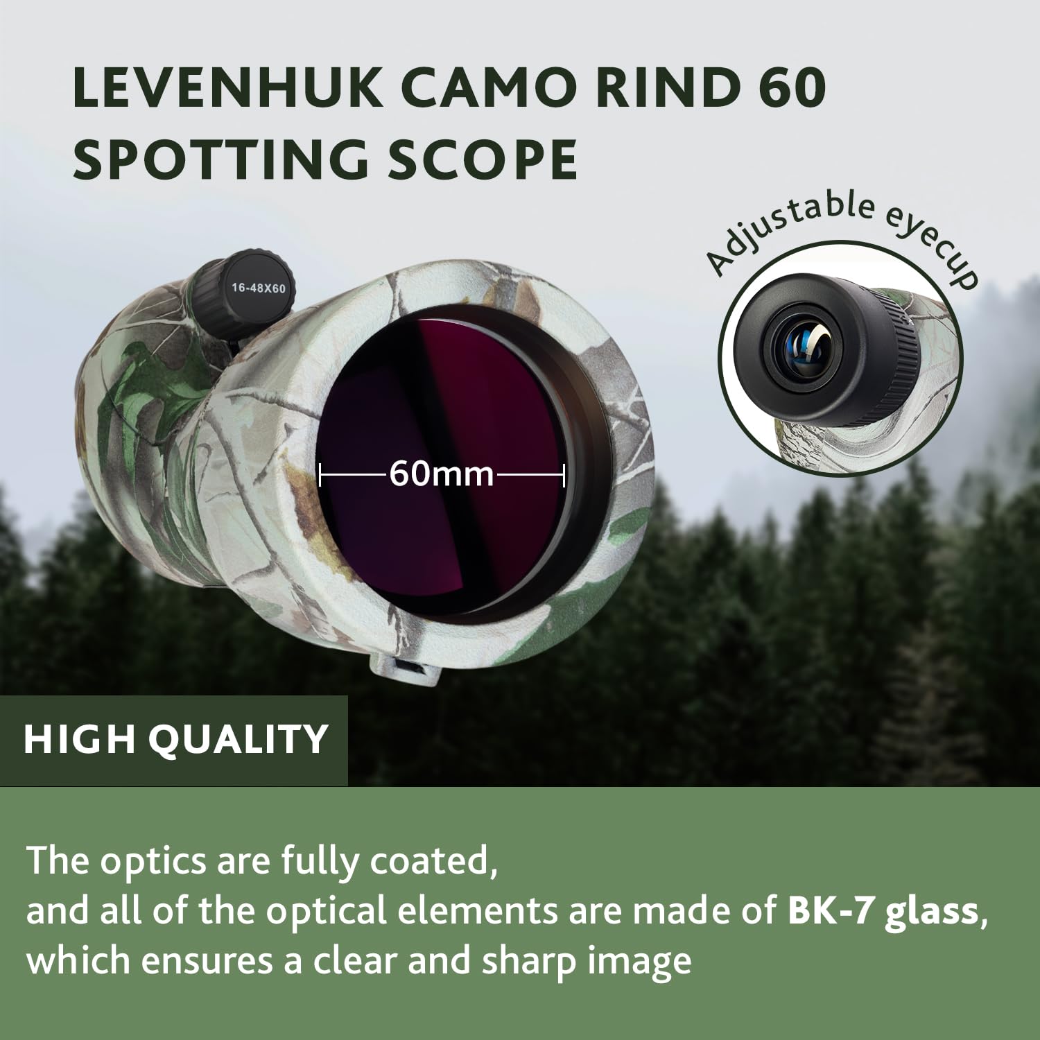 Levenhuk Camo Rind 60 – Cannocchiale Terrestre con Treppiede, Zoom 16-48x, Ottica BK-7 Fully-Coated, Design Mimetico – Robusto per Caccia, Arceria, Tiro a Segno, Birdwatching, Natura, Campeggio