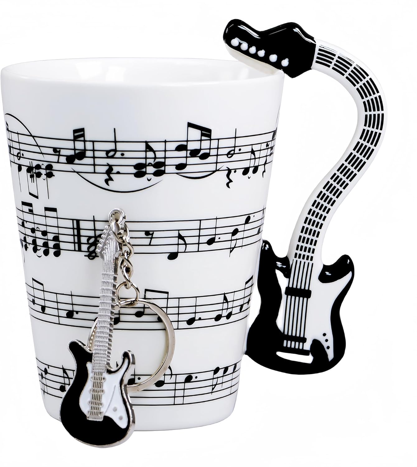 Guitar Mug Music Note Coffee Mug Cute Guitar Gift for Men Women Guitar Players - 13.5 Ounce Ceramic Music Guitar Coffee with Guitar Keychain Gift for Musicians Teacher (Black 2)