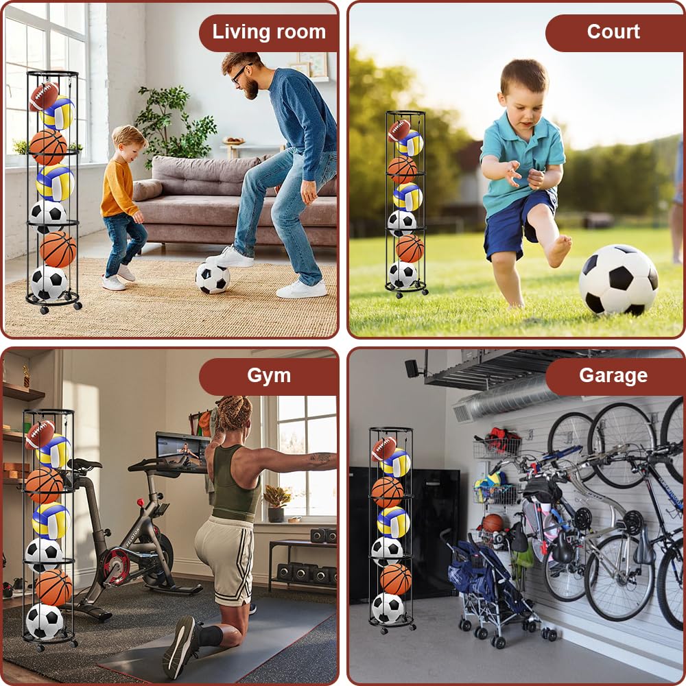 3 Tier Ballständer mit Rollen, Ball Aufbewahrung garage, Ballaufbewahrungskäfig-Ballhalter, Vertikales Ballaufbewahrungsregal, Garage Organizer für Sportgeräte Basketball Fußball Volleyball
